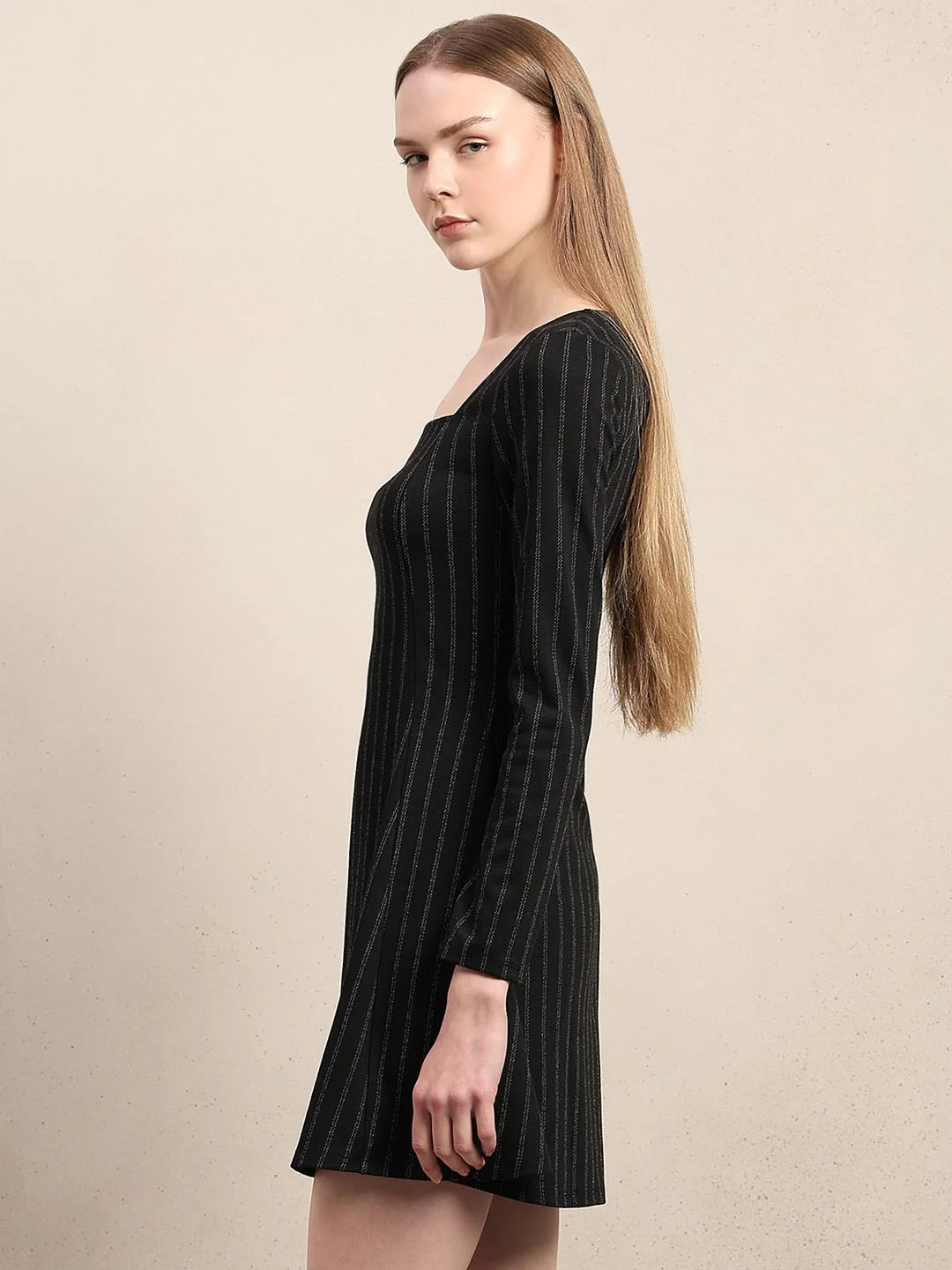 Black Striped Square Neck Dress - Image 3