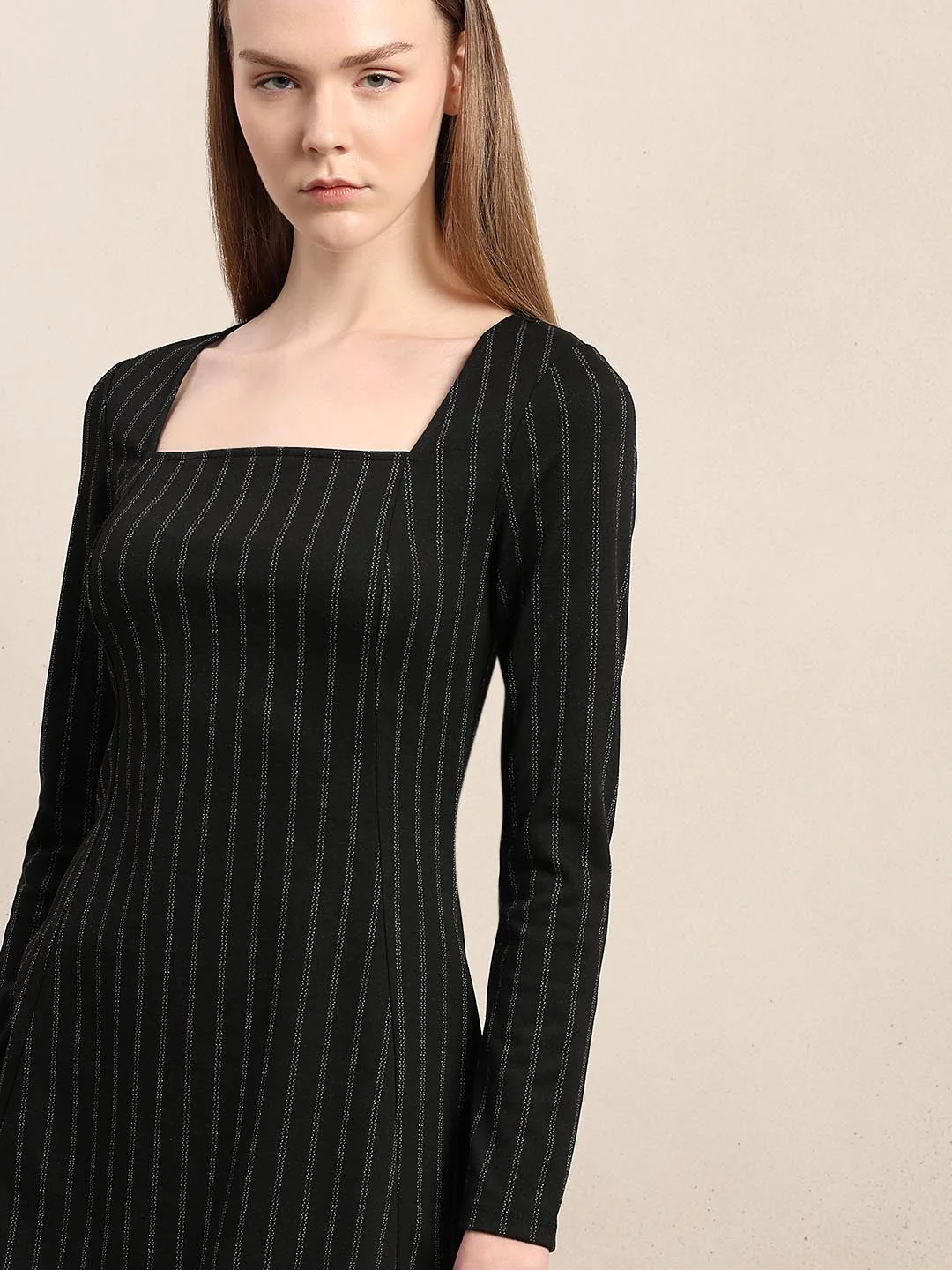 Black Striped Square Neck Dress - Image 6
