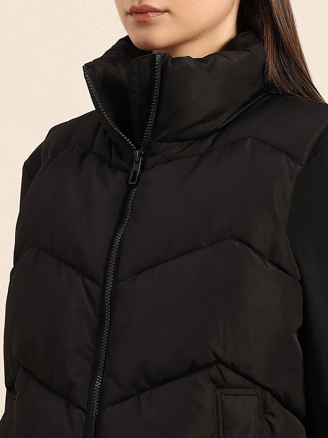 High-Neck Short Puffer Waistcoat - Black - Image 8