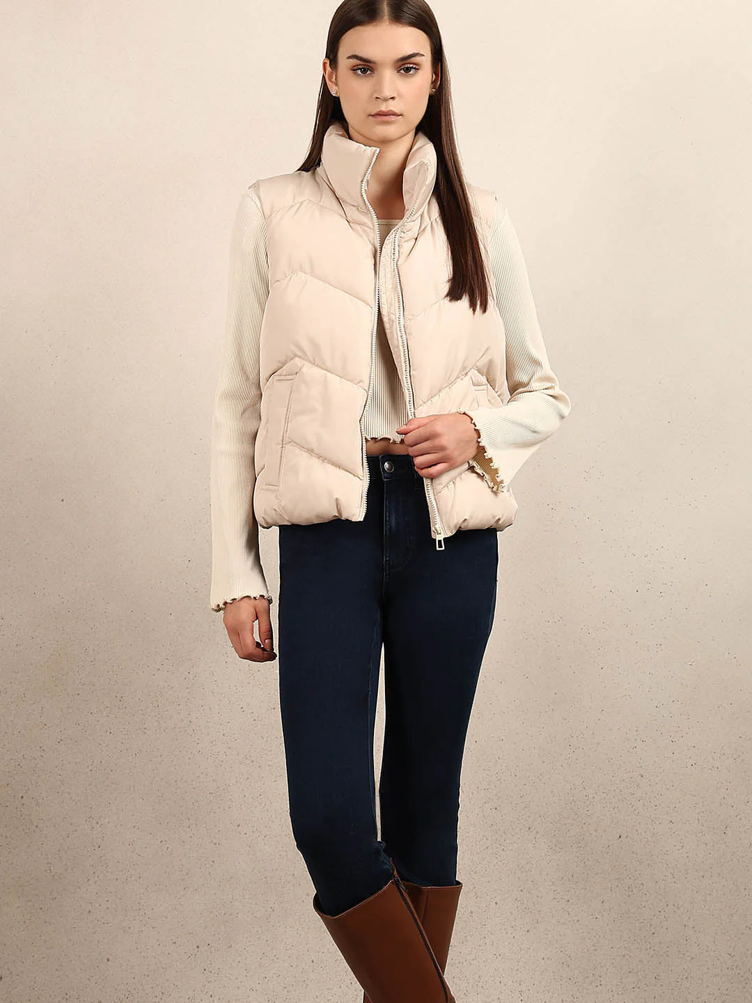High-Neck Short Puffer Waistcoat - Beige