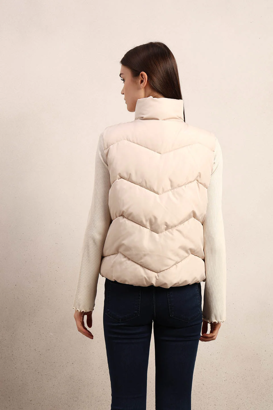 High-Neck Short Puffer Waistcoat - Beige - Image 10