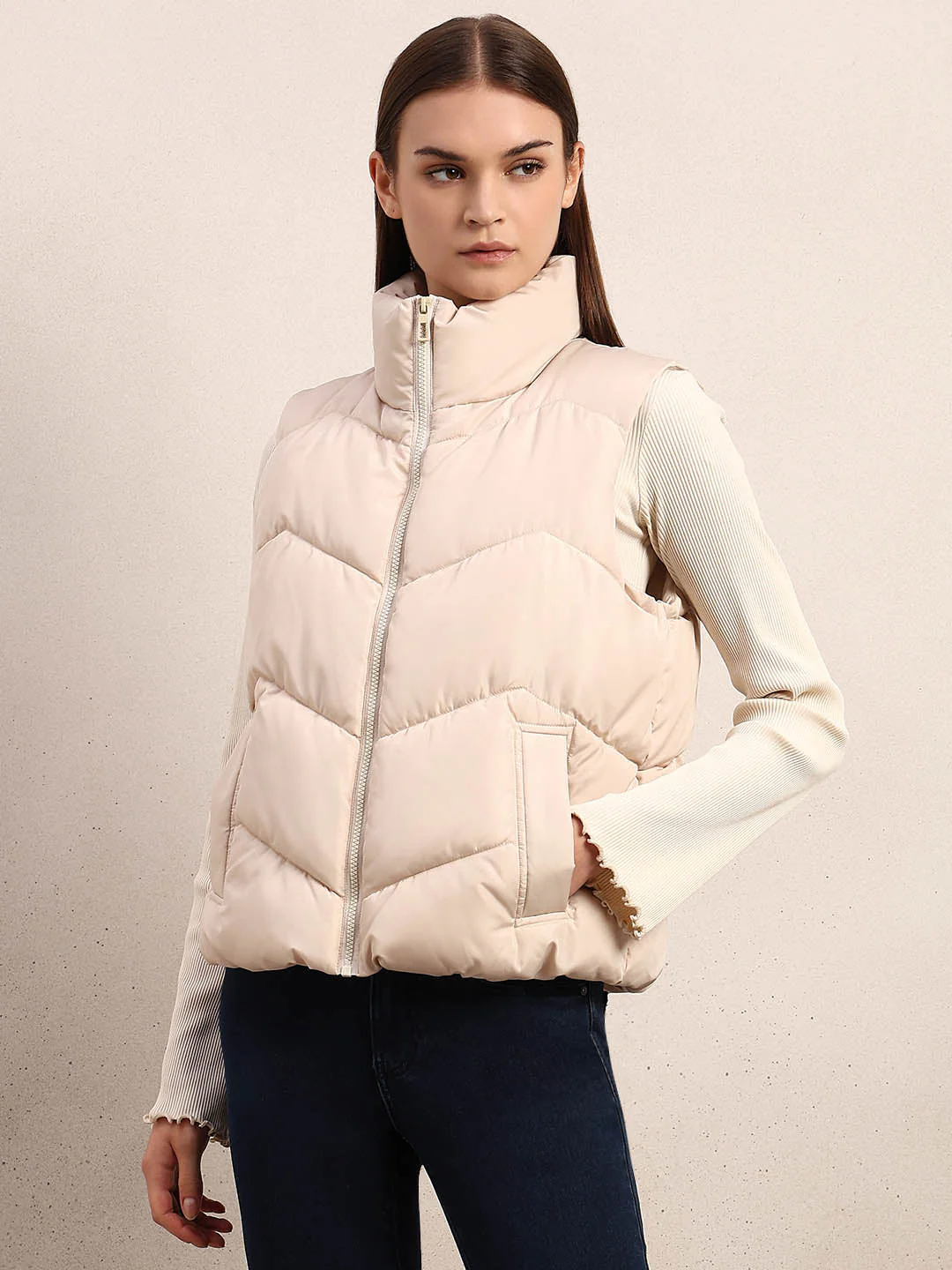 High-Neck Short Puffer Waistcoat - Beige - Image 2
