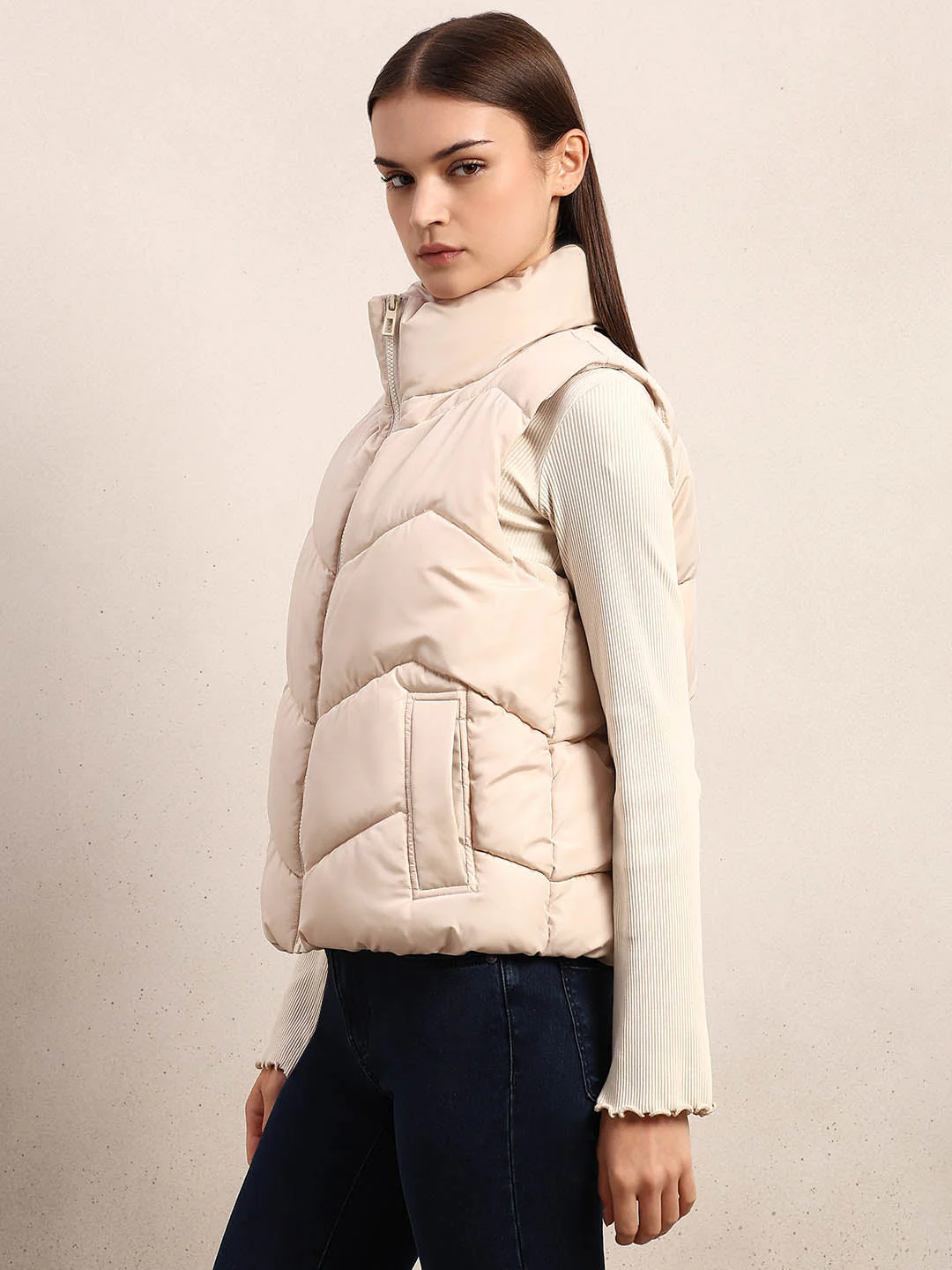High-Neck Short Puffer Waistcoat - Beige - Image 3