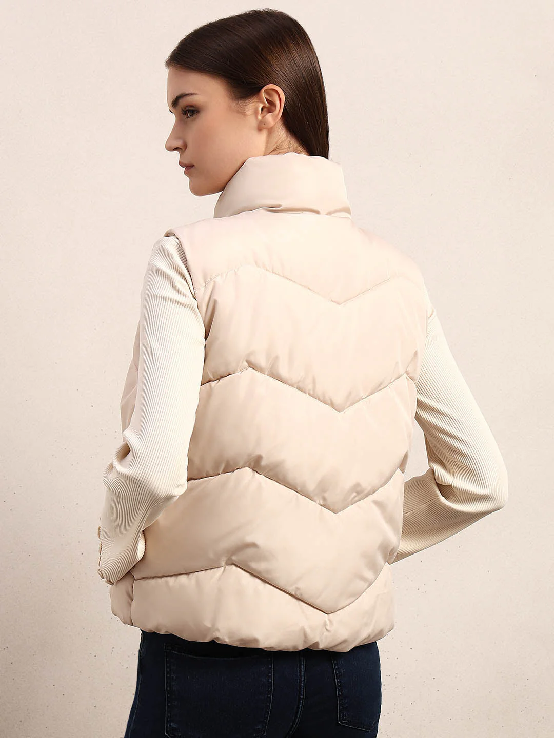 High-Neck Short Puffer Waistcoat - Beige - Image 4
