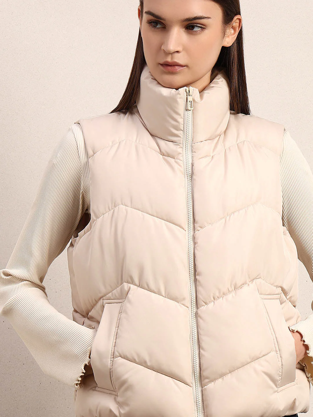 High-Neck Short Puffer Waistcoat - Beige - Image 6