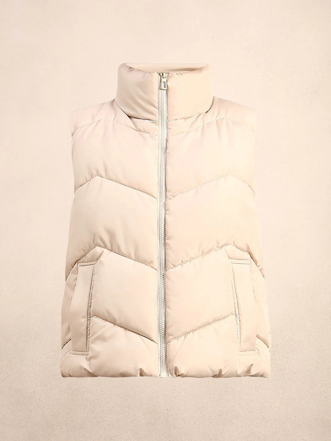 High-Neck Short Puffer Waistcoat - Beige - Image 7
