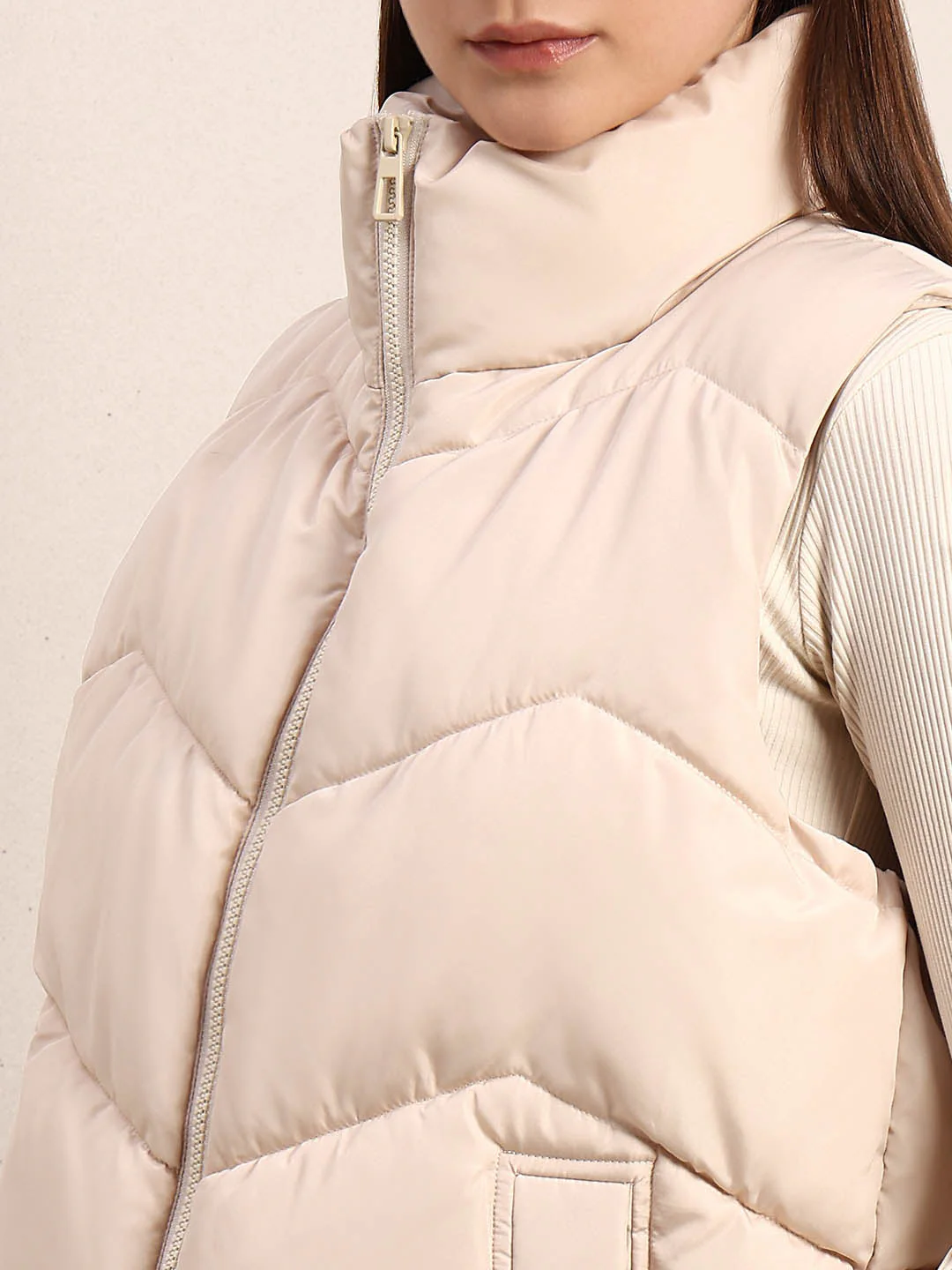 High-Neck Short Puffer Waistcoat - Beige - Image 8