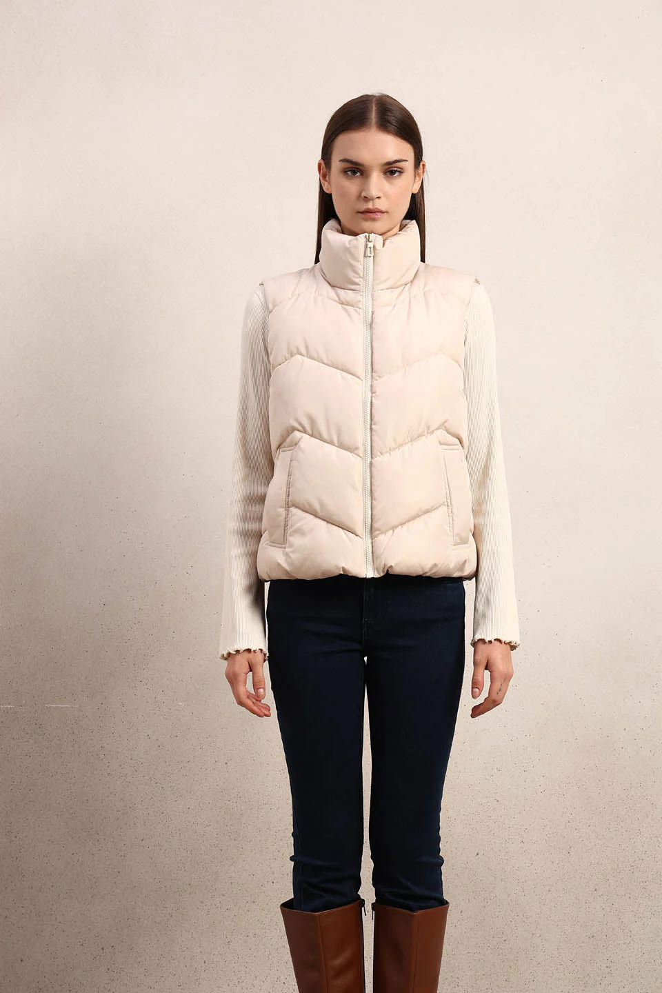 High-Neck Short Puffer Waistcoat - Beige - Image 9