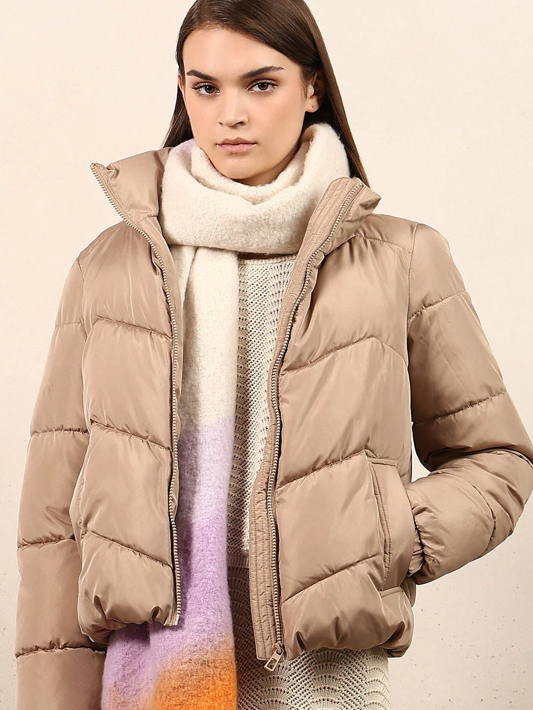 Beige Short Puffer Jacket