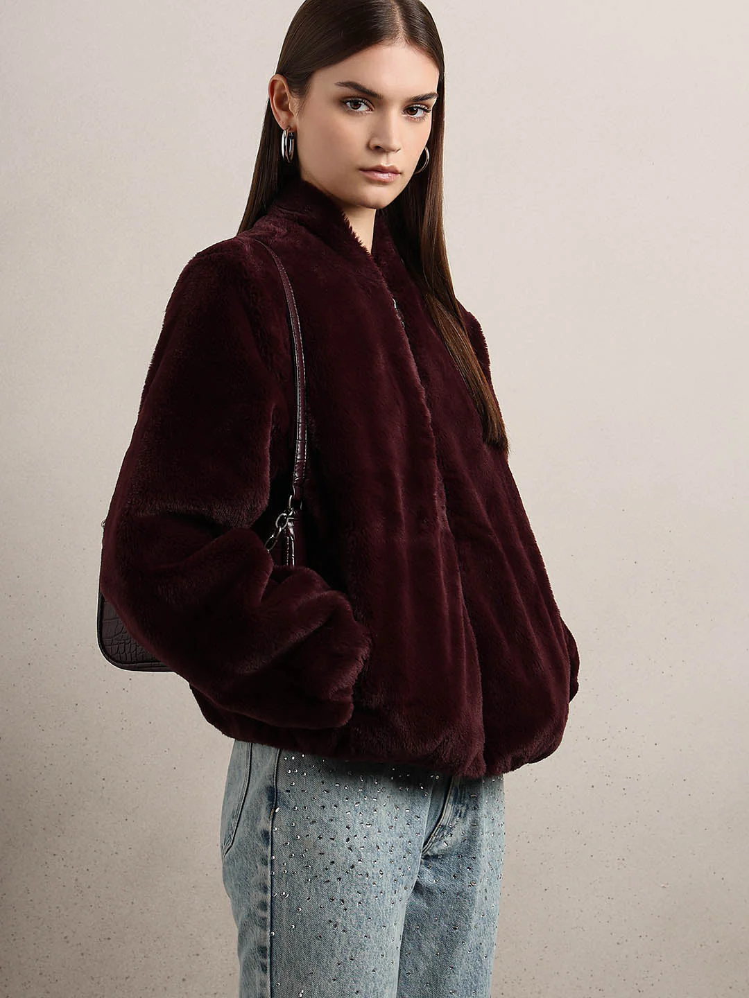 Maroon Faux Fur Short Jacket