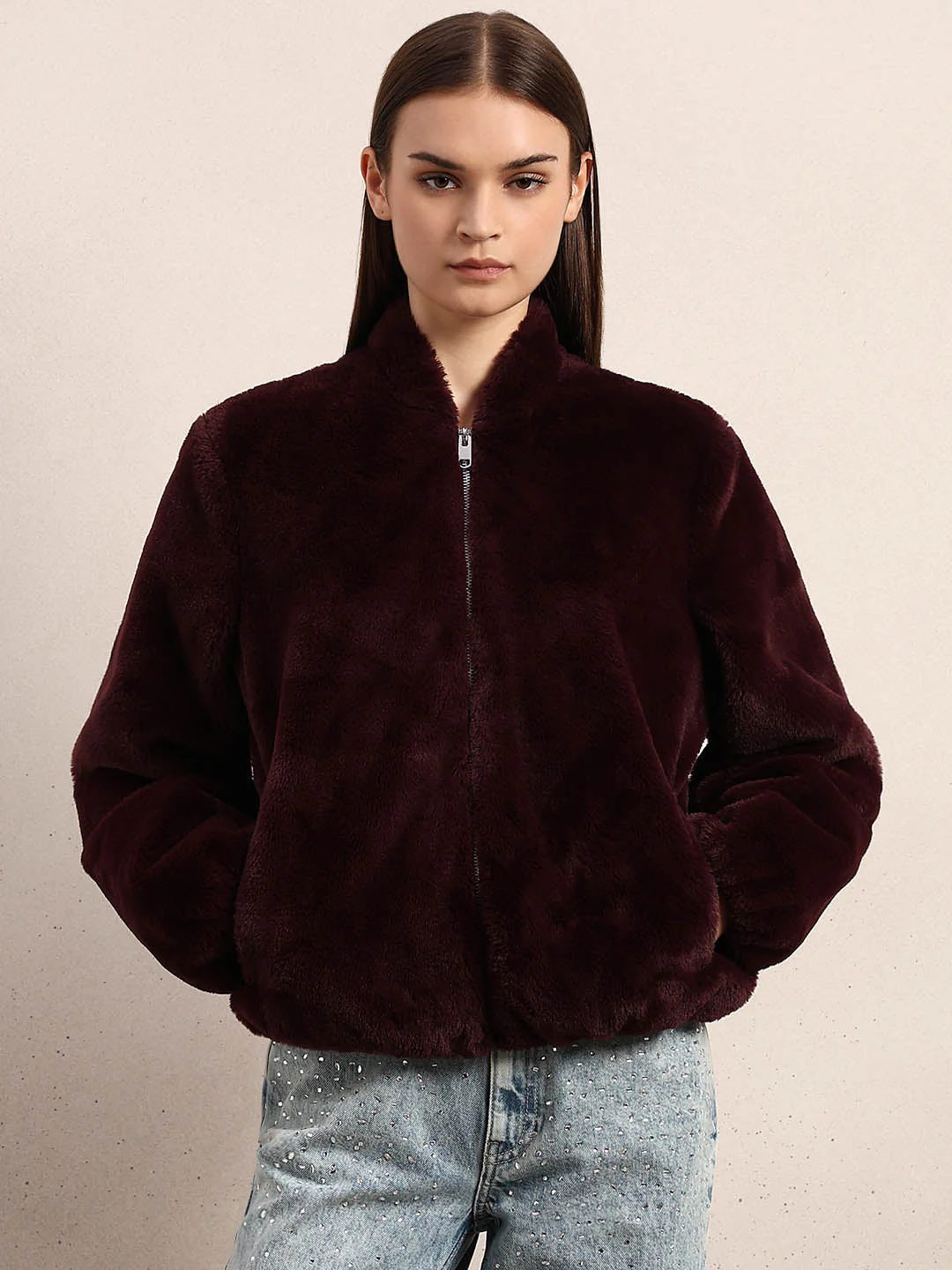 Maroon Faux Fur Short Jacket - Image 2