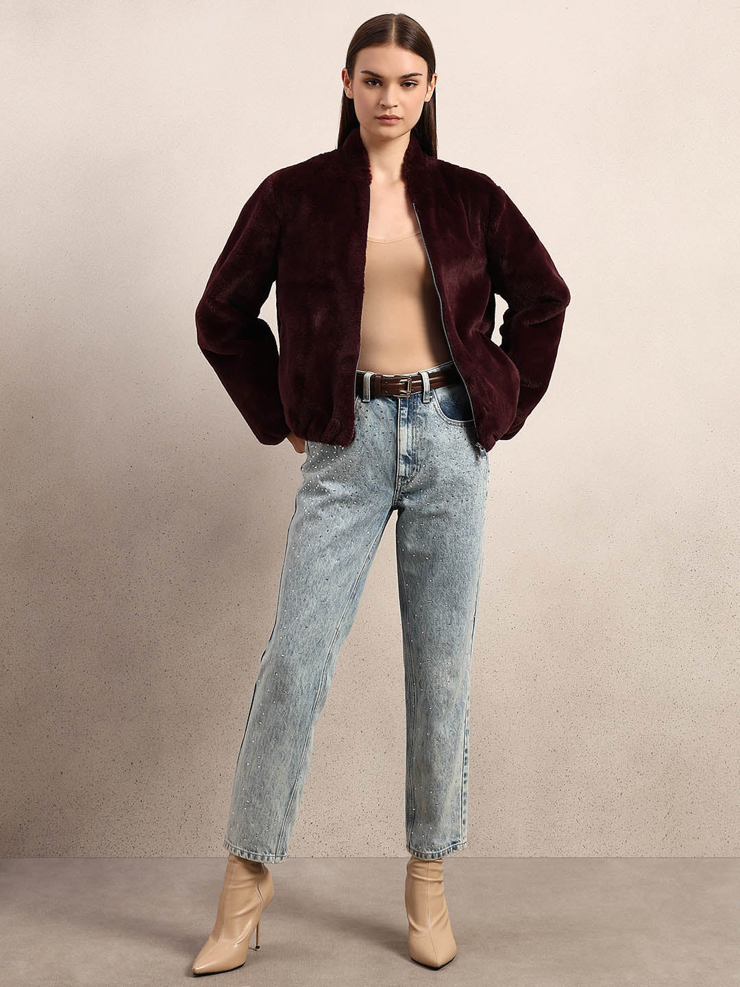 Maroon Faux Fur Short Jacket - Image 5