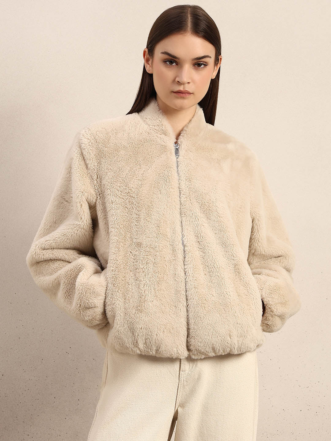 Beige Faux Fur Short Jacket - Image 2