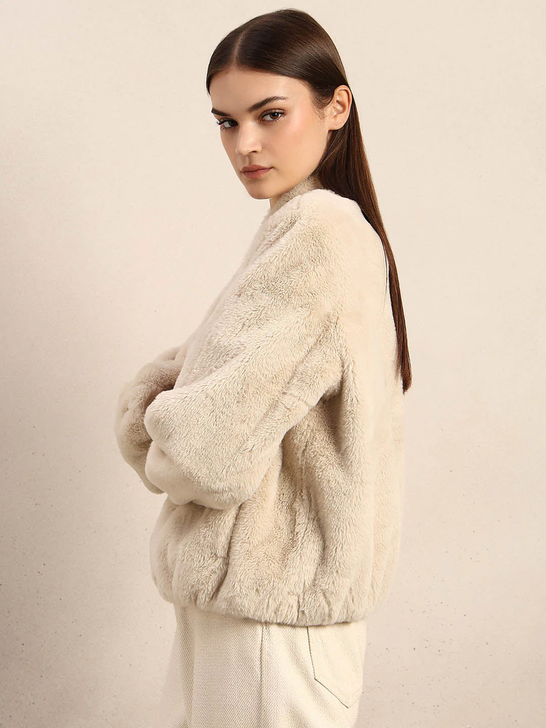 Beige Faux Fur Short Jacket - Image 3