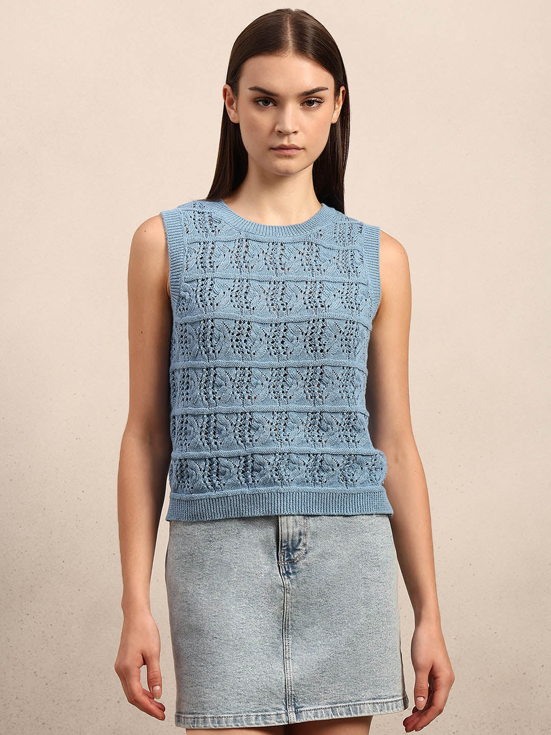O-Neck Knitted Sleeveless Pullover - Blue - Image 2