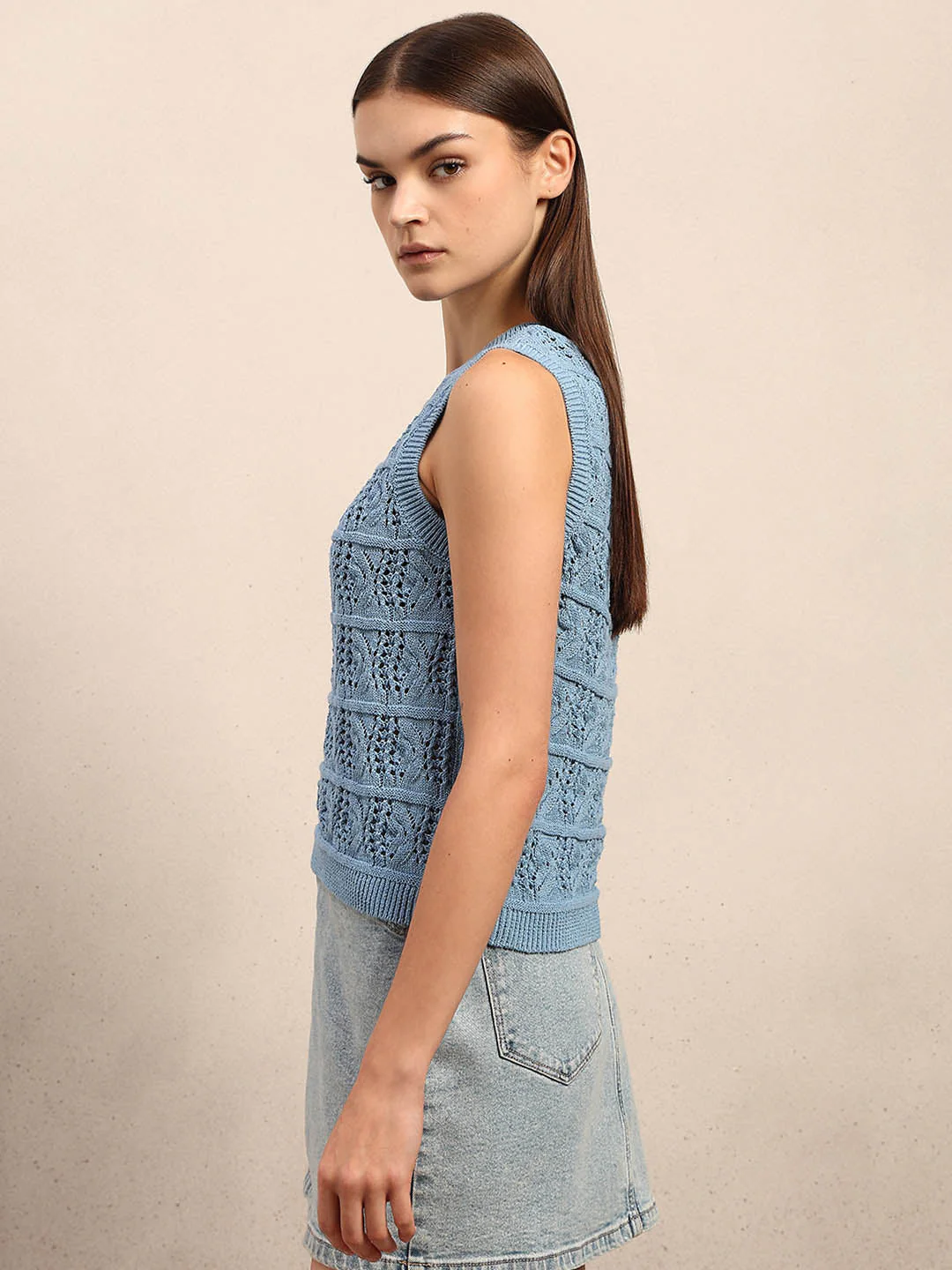 O-Neck Knitted Sleeveless Pullover - Blue - Image 3