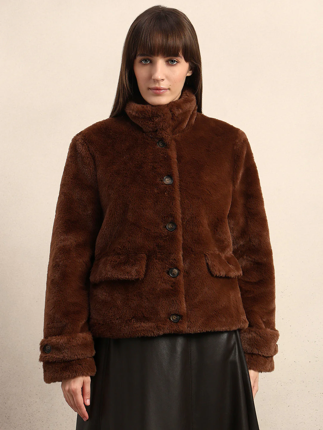 Faux Fur Winter Jacket - Dark Brown - Image 2