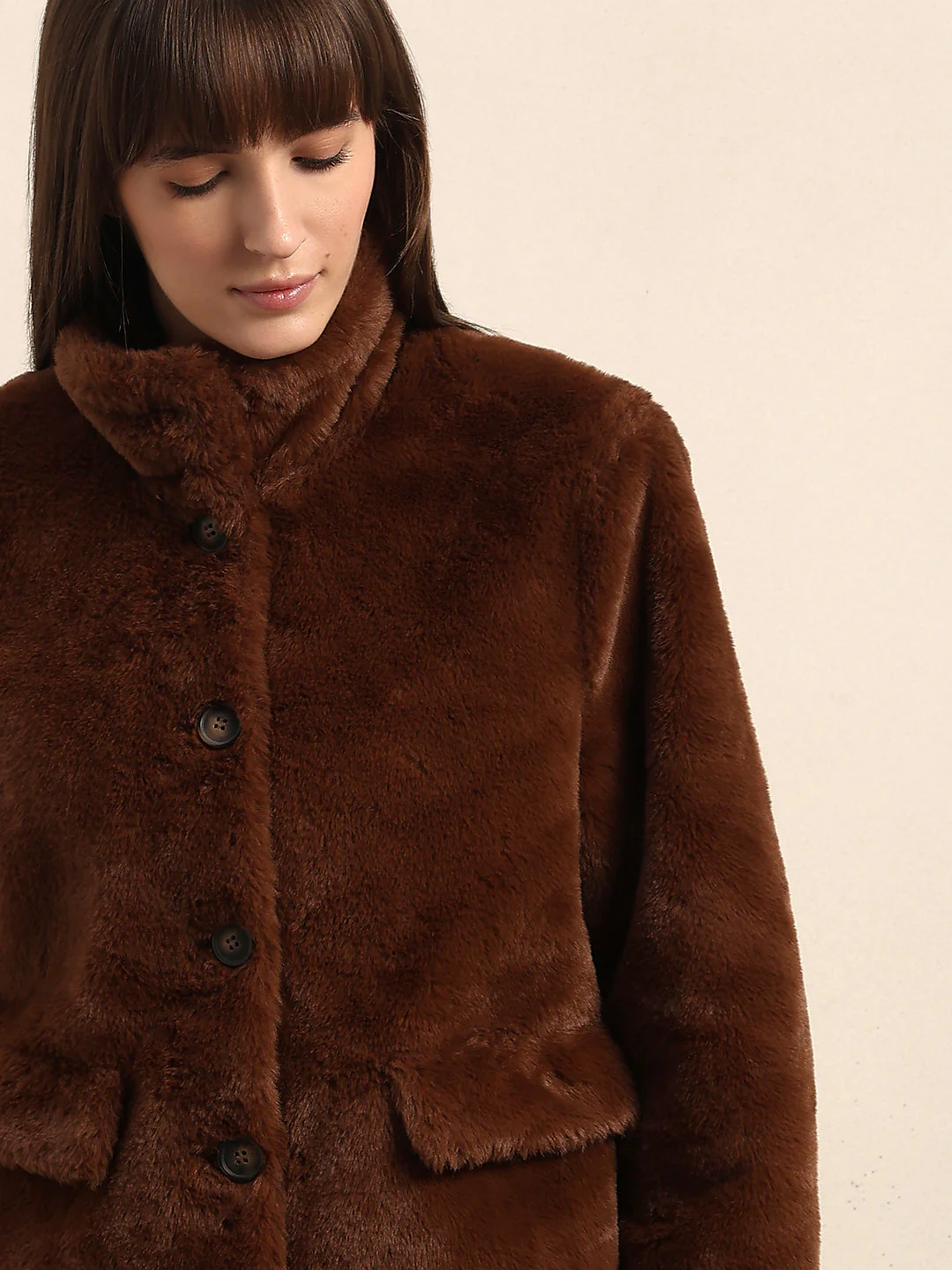 Faux Fur Winter Jacket - Dark Brown - Image 6