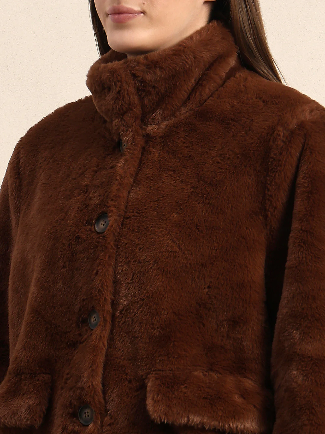 Faux Fur Winter Jacket - Dark Brown - Image 8