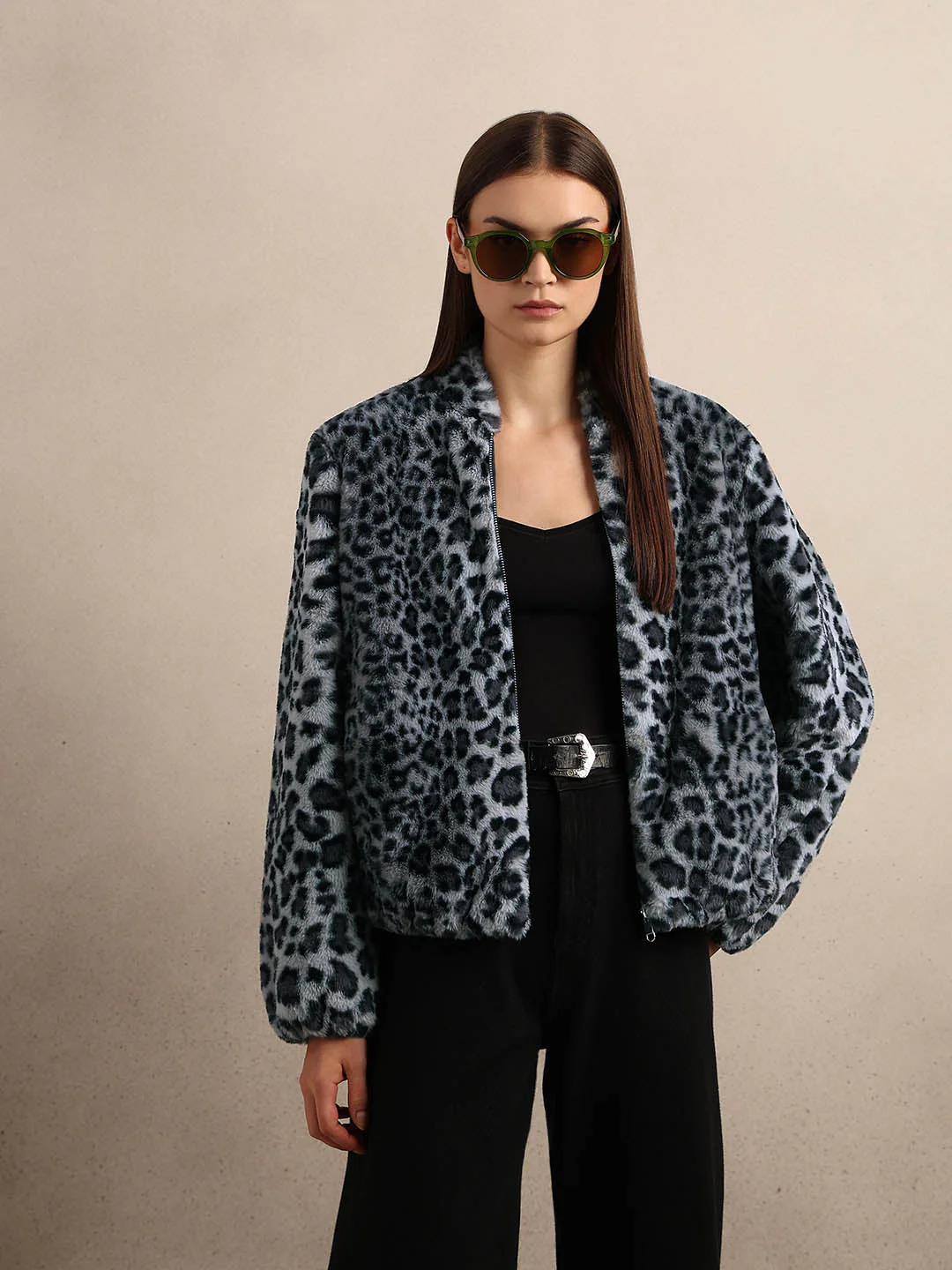 Leopard Print Fleece Jacket - Grey