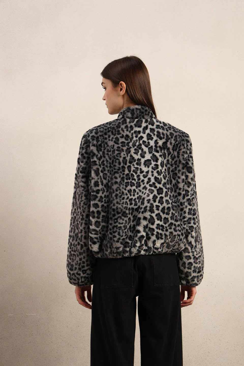 Leopard Print Fleece Jacket - Grey - Image 10