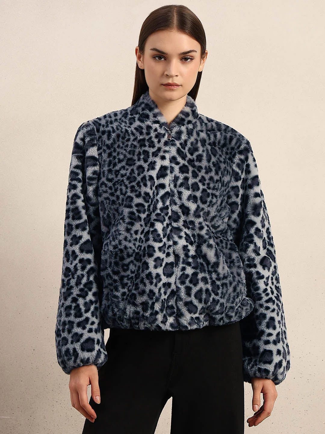 Leopard Print Fleece Jacket - Grey - Image 2