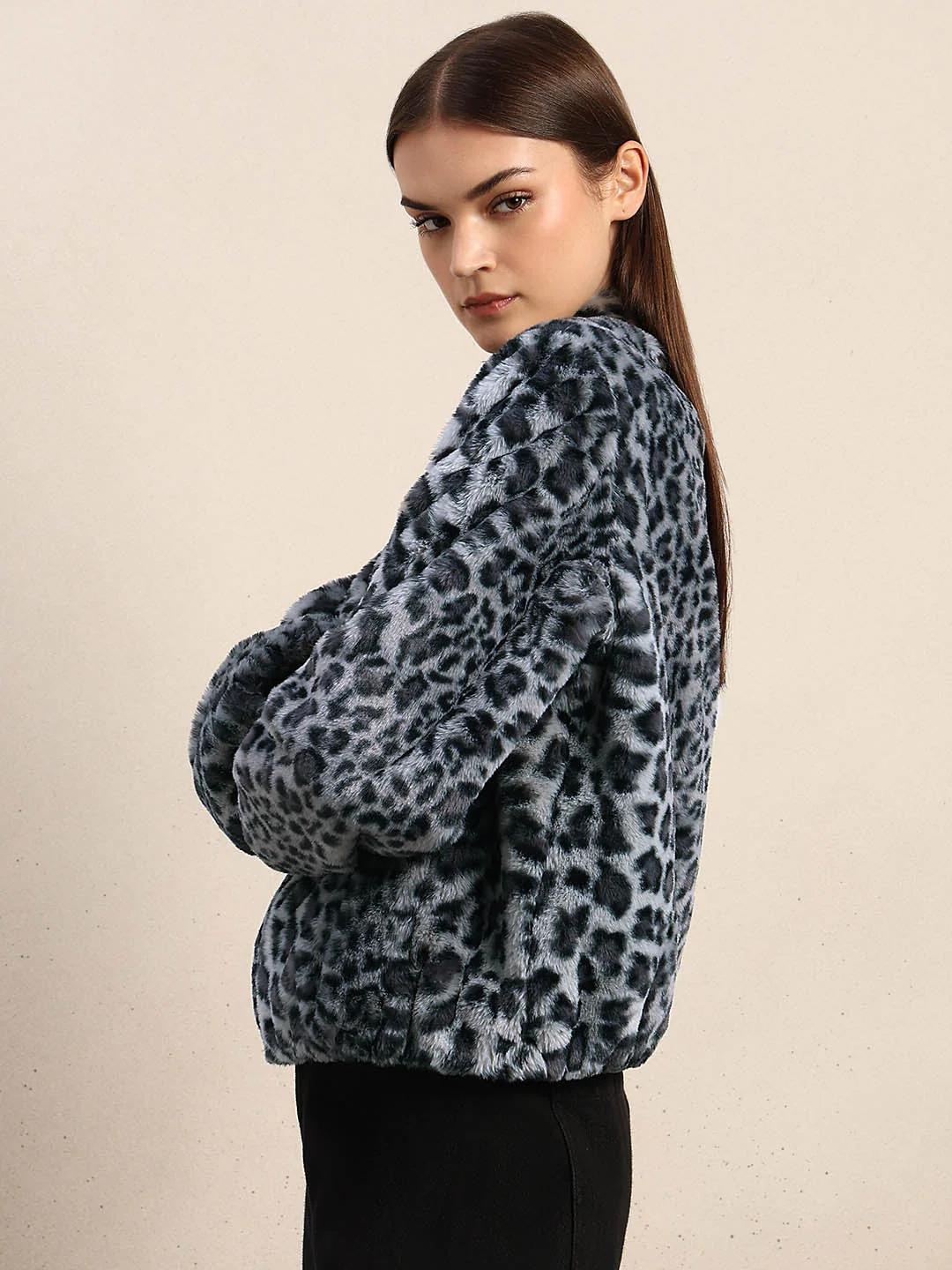 Leopard Print Fleece Jacket - Grey - Image 3