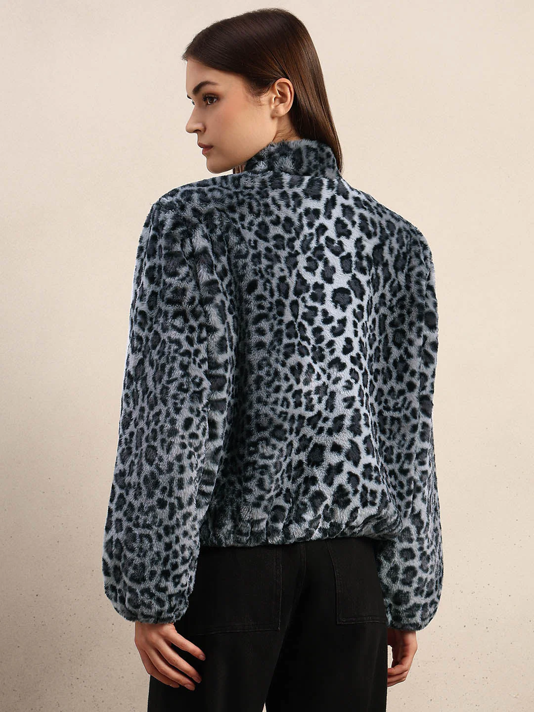 Leopard Print Fleece Jacket - Grey - Image 4