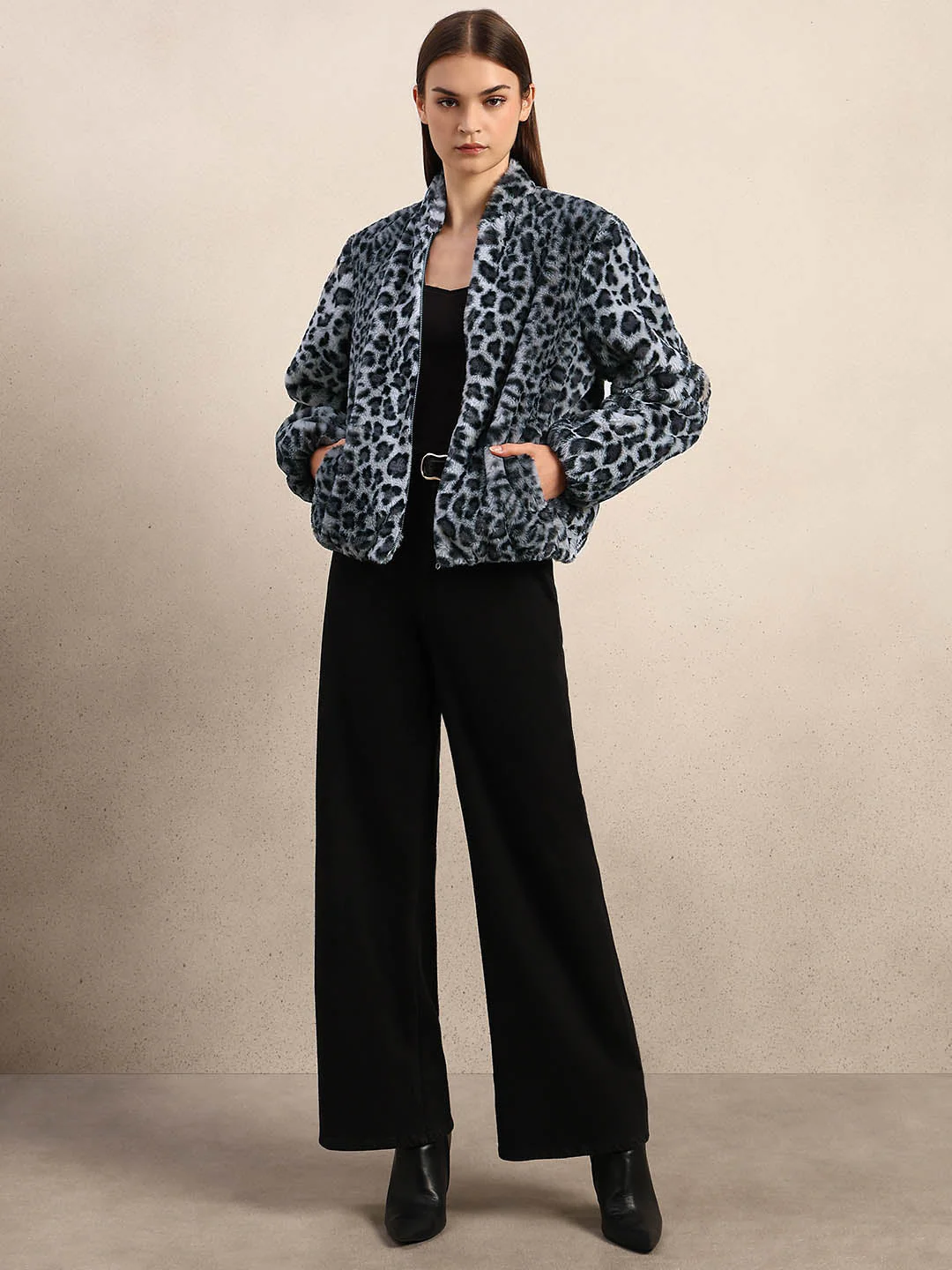 Leopard Print Fleece Jacket - Grey - Image 5