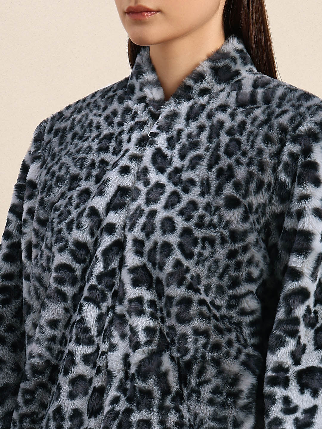 Leopard Print Fleece Jacket - Grey - Image 8