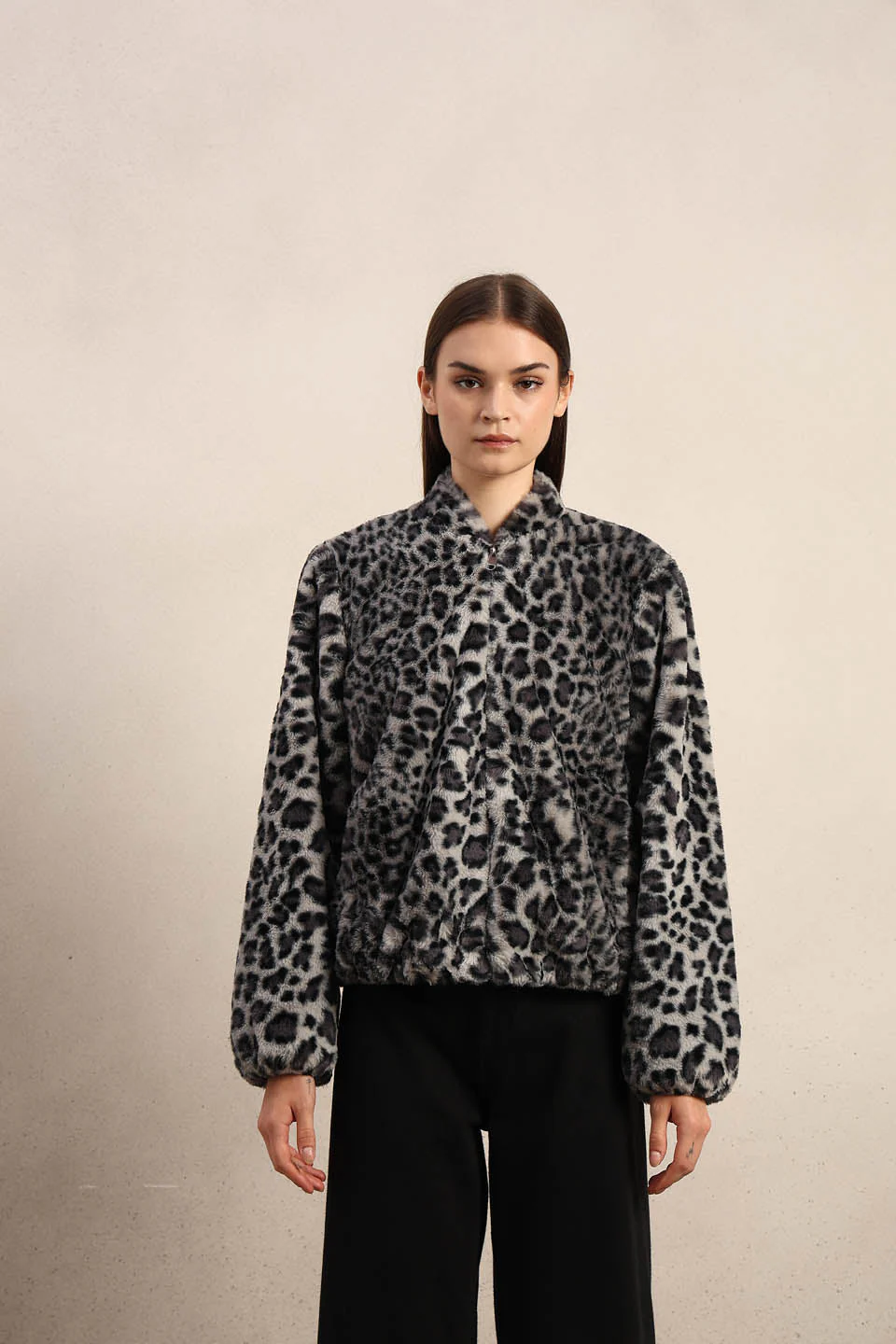 Leopard Print Fleece Jacket - Grey - Image 9