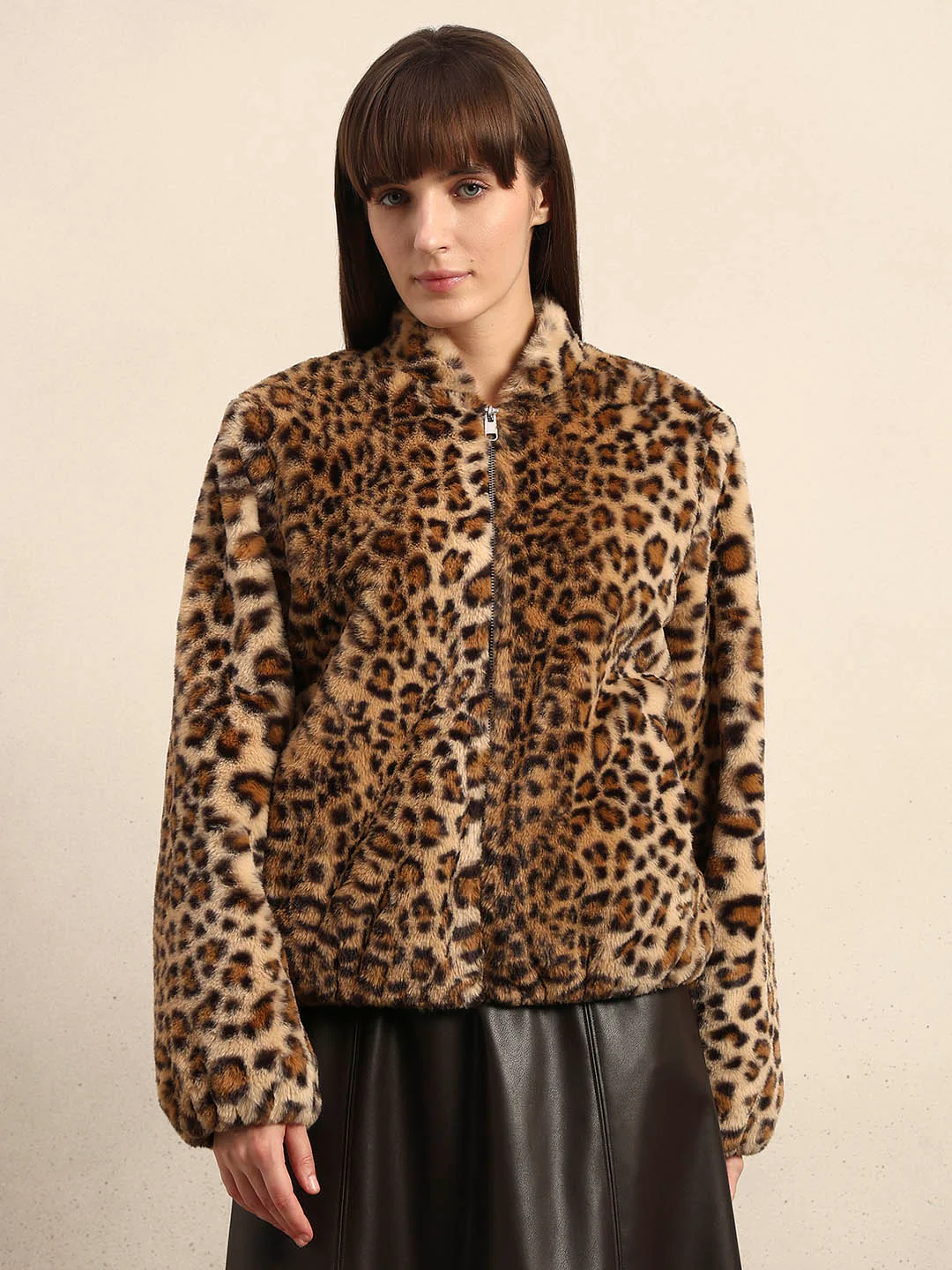 Leopard Print Fleece Jacket - Brown - Image 2
