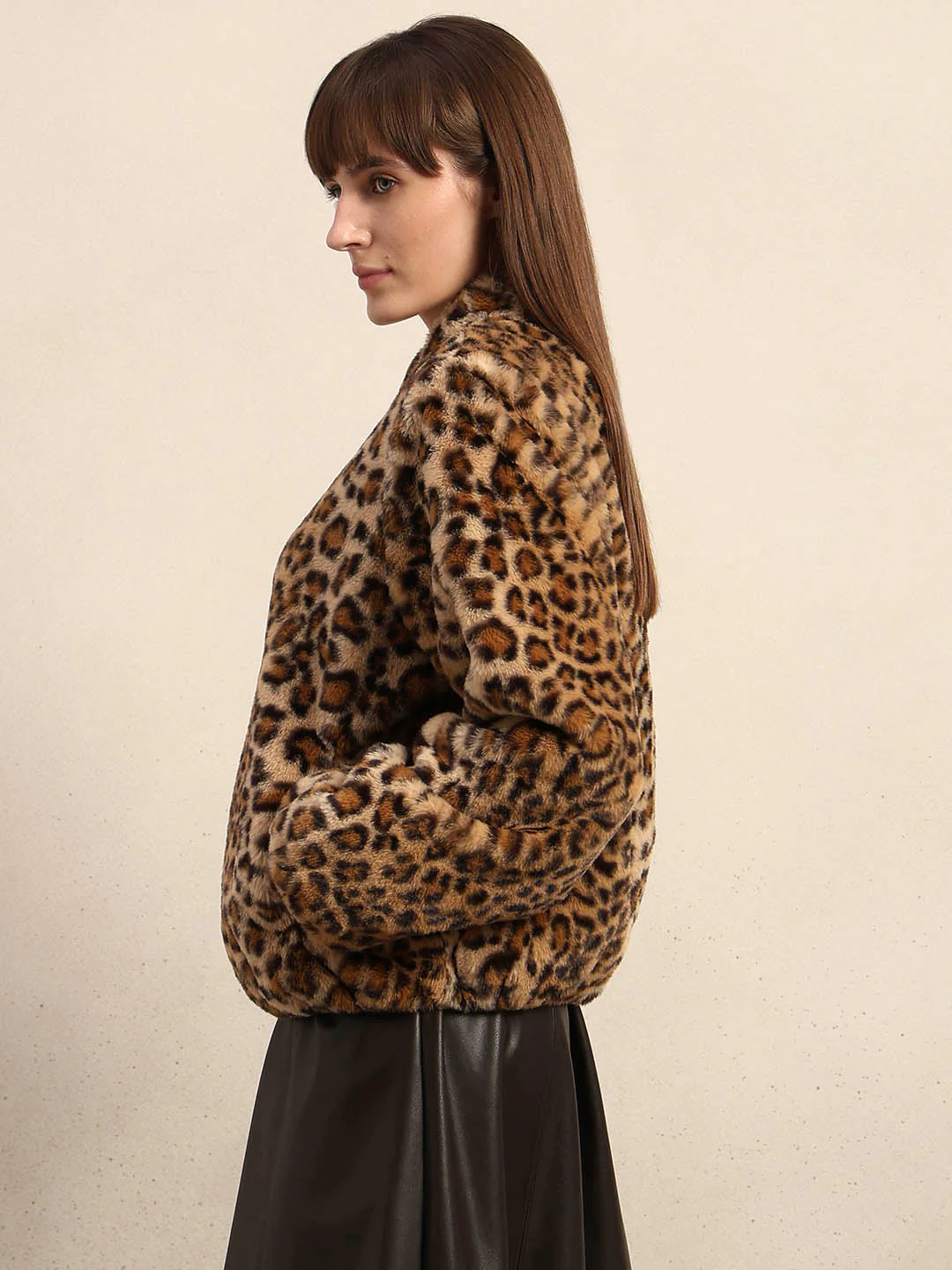 Leopard Print Fleece Jacket - Brown - Image 3