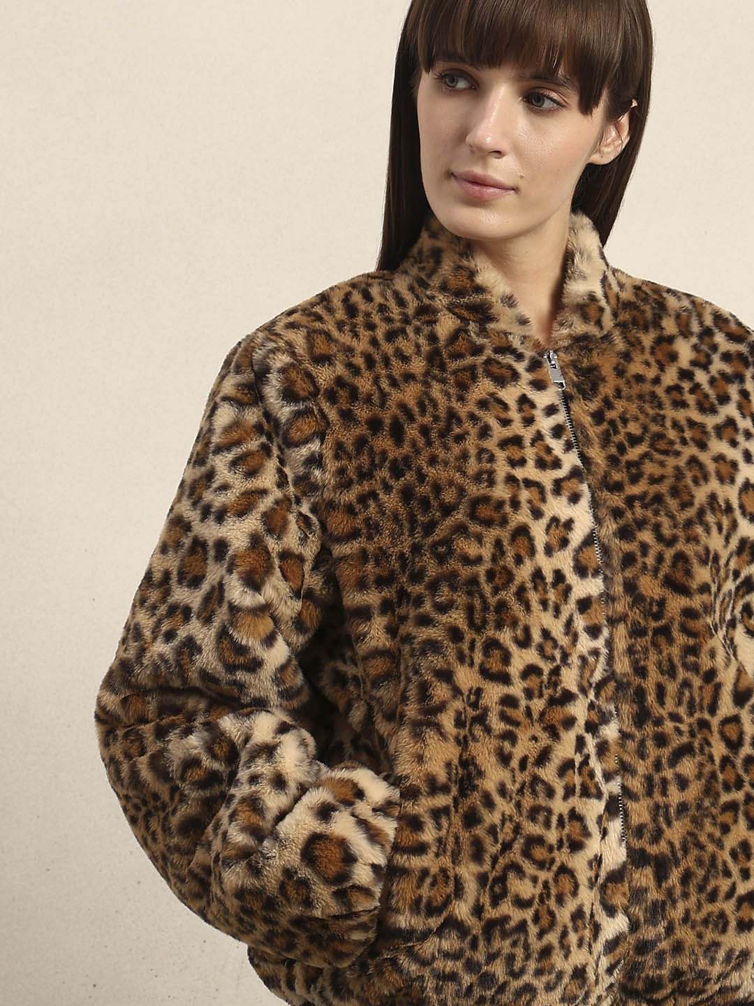 Leopard Print Fleece Jacket - Brown - Image 6