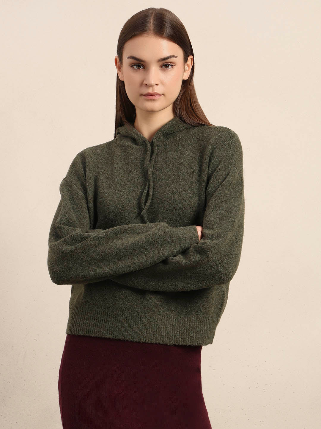 Olive Green Knitted Hooded Pullover - Image 2