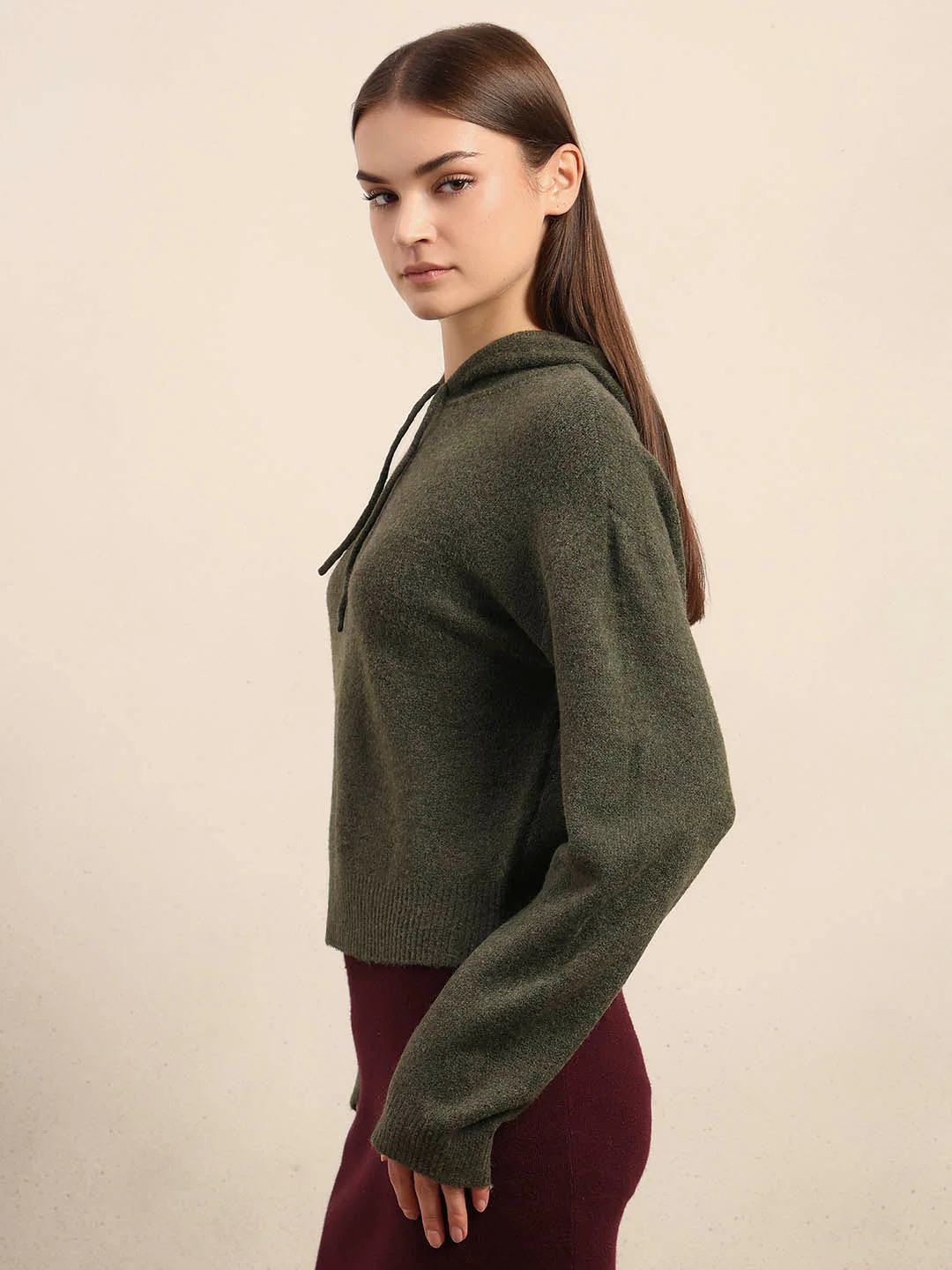 Olive Green Knitted Hooded Pullover - Image 3