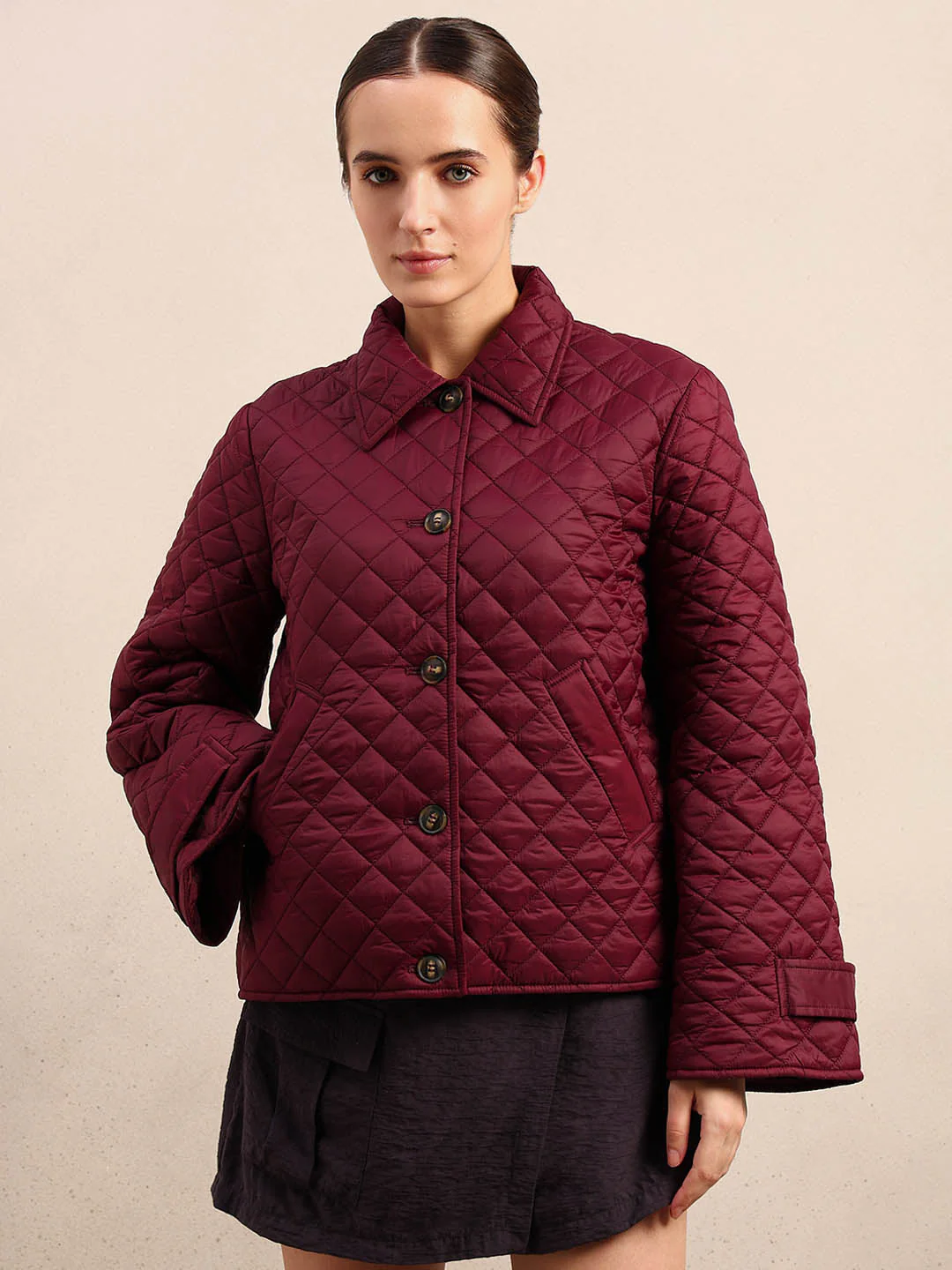 Quilted Short Jacket - Maroon - Image 2