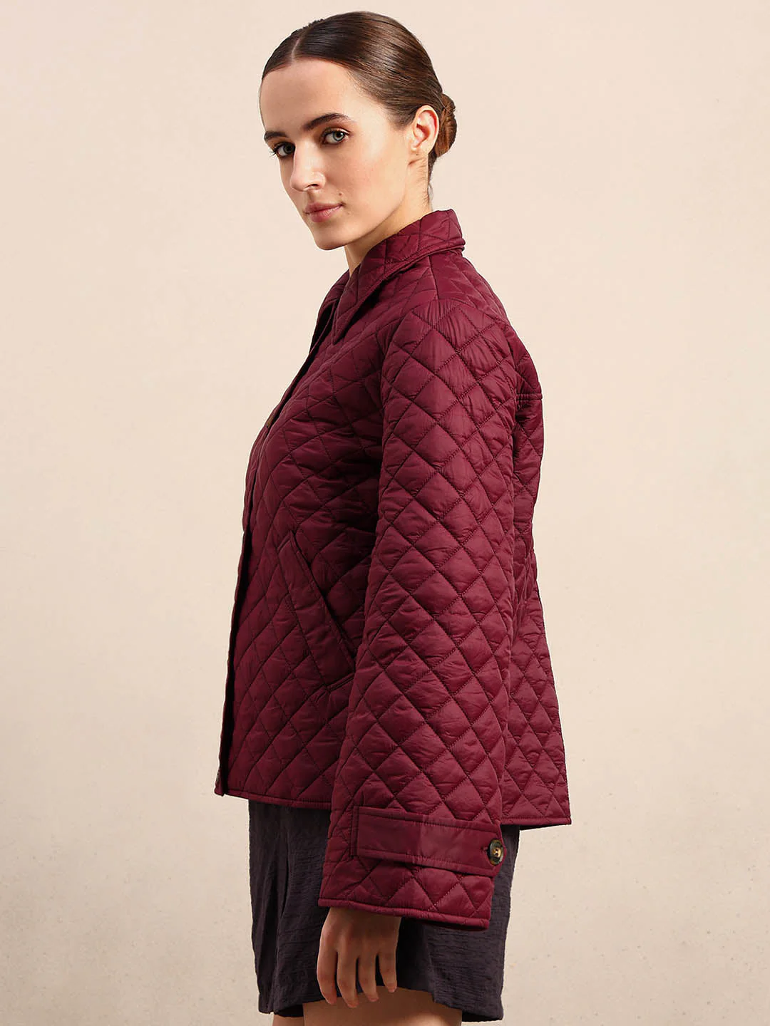 Quilted Short Jacket - Maroon - Image 3