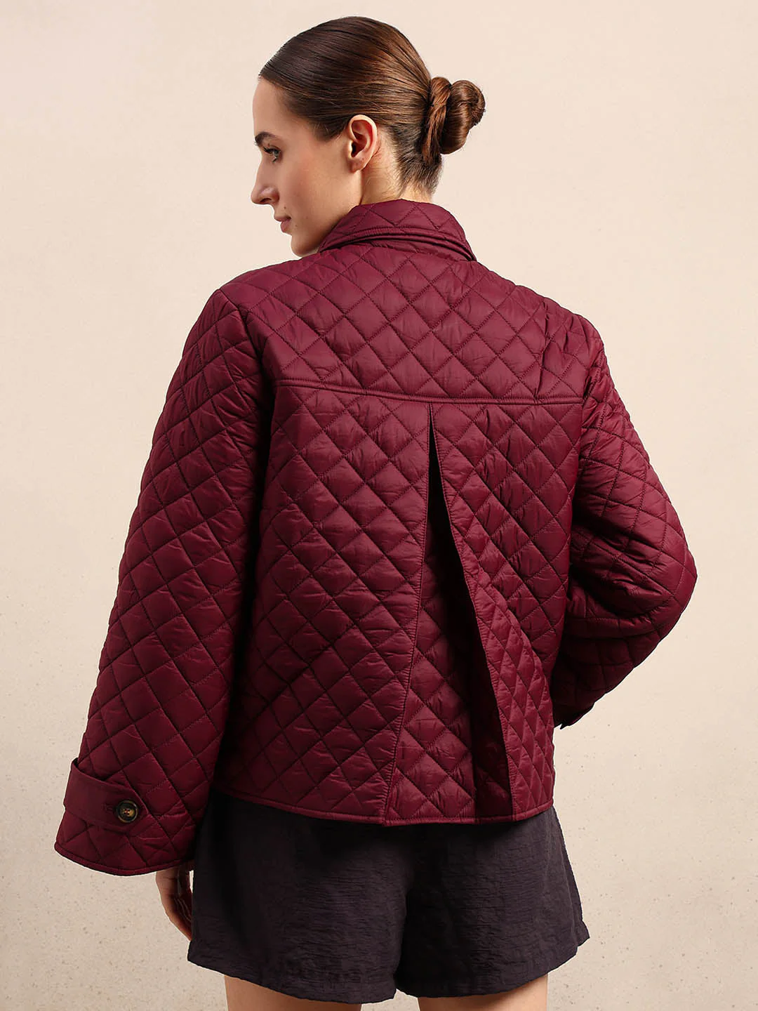 Quilted Short Jacket - Maroon - Image 4