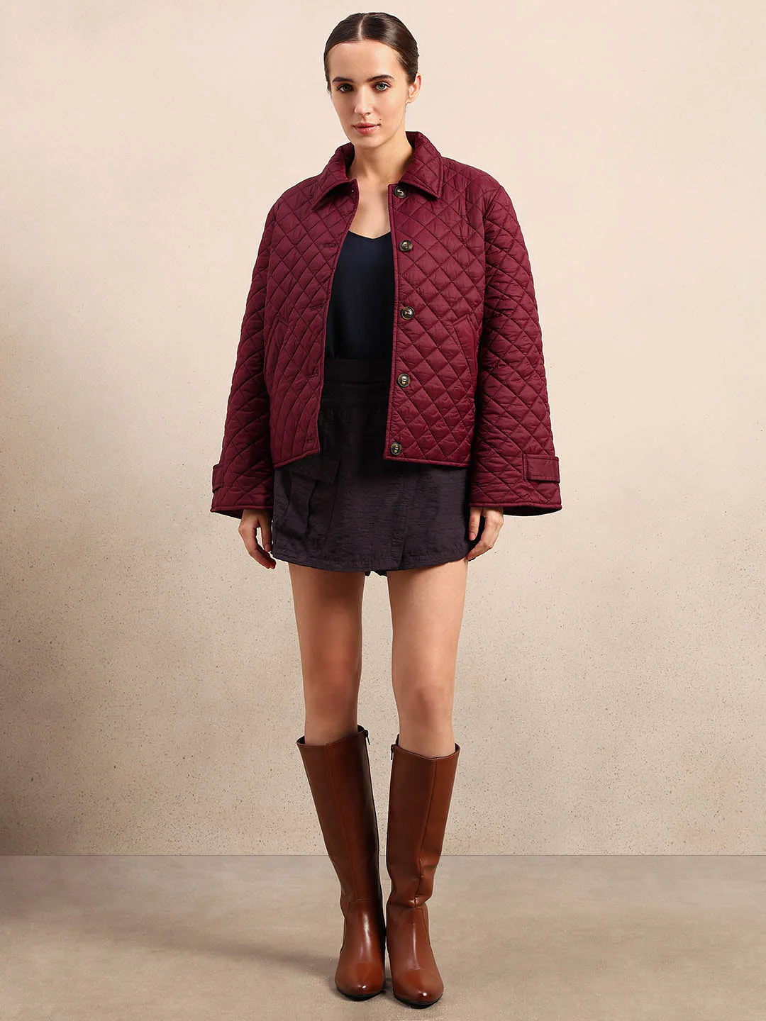 Quilted Short Jacket - Maroon - Image 5