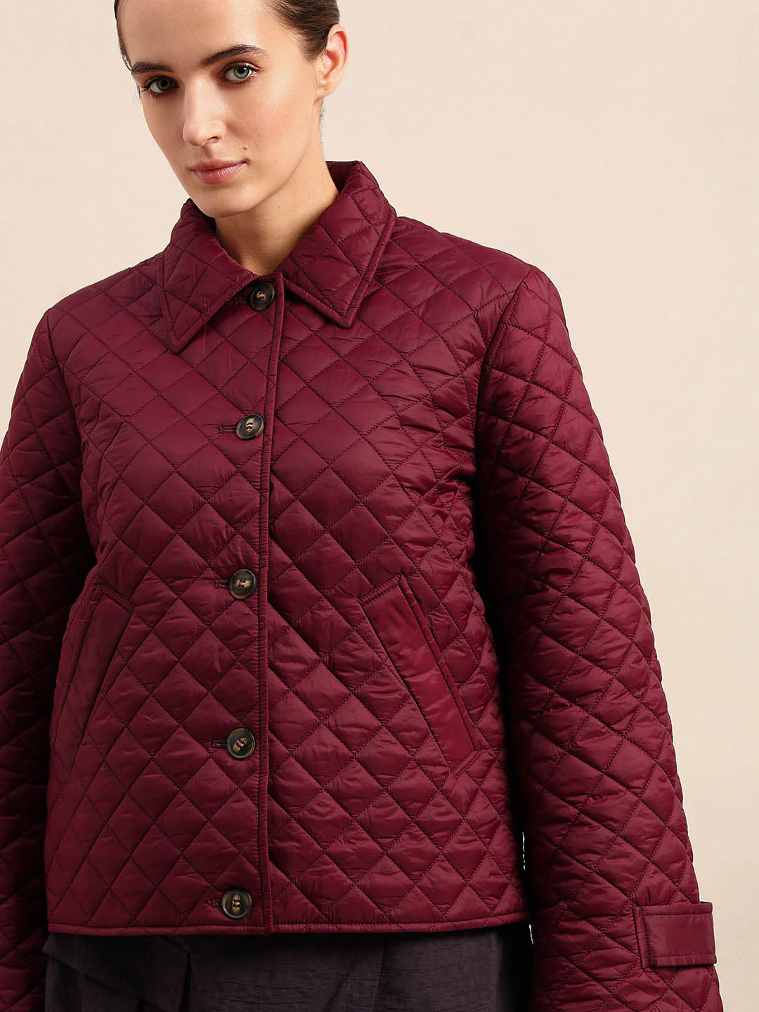 Quilted Short Jacket - Maroon - Image 6