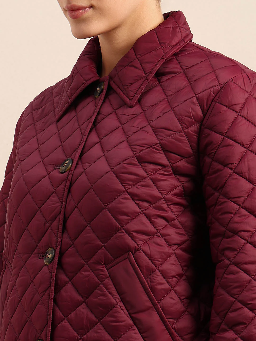 Quilted Short Jacket - Maroon - Image 8