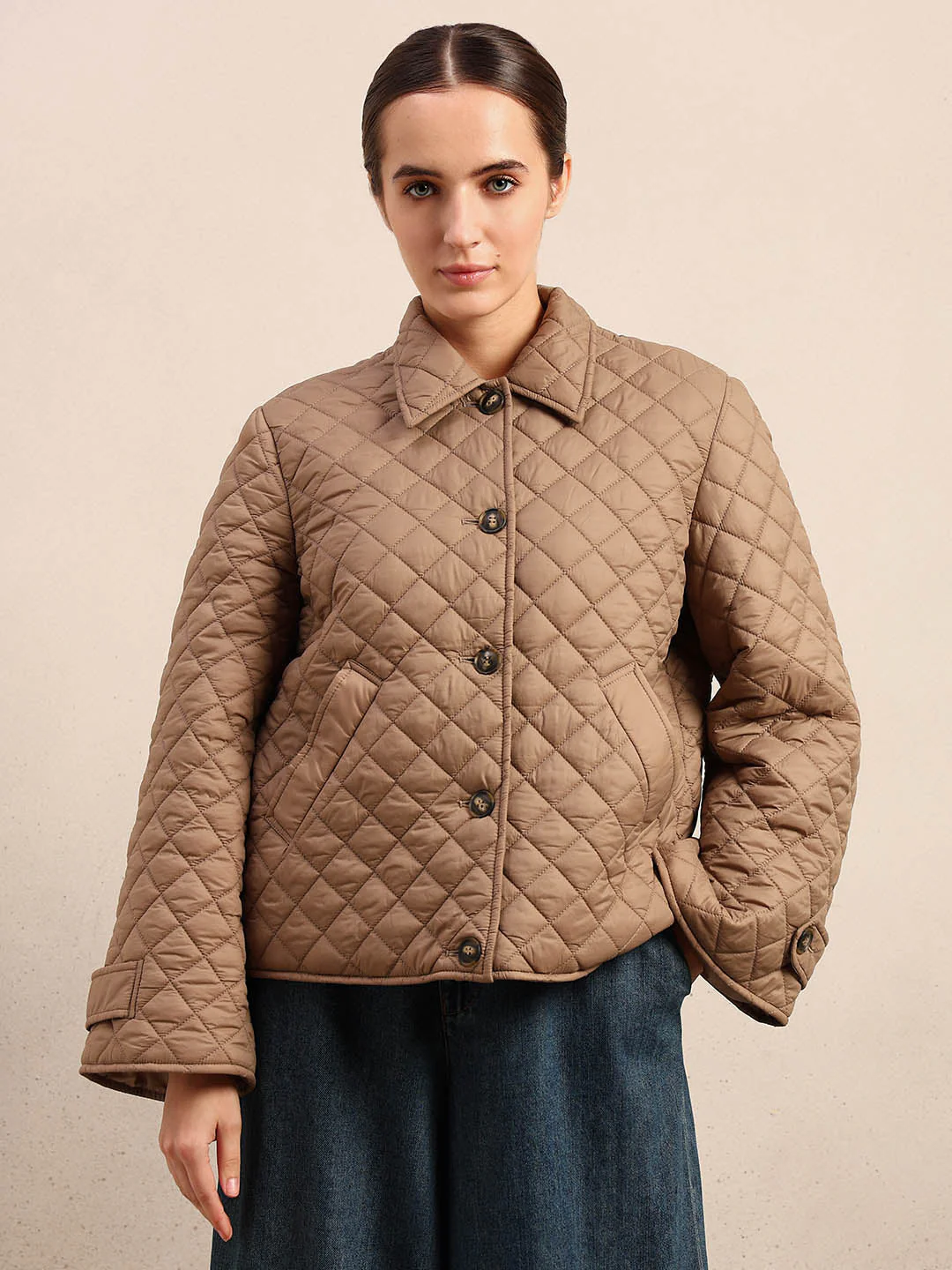 Quilted Short Jacket - Beige - Image 2