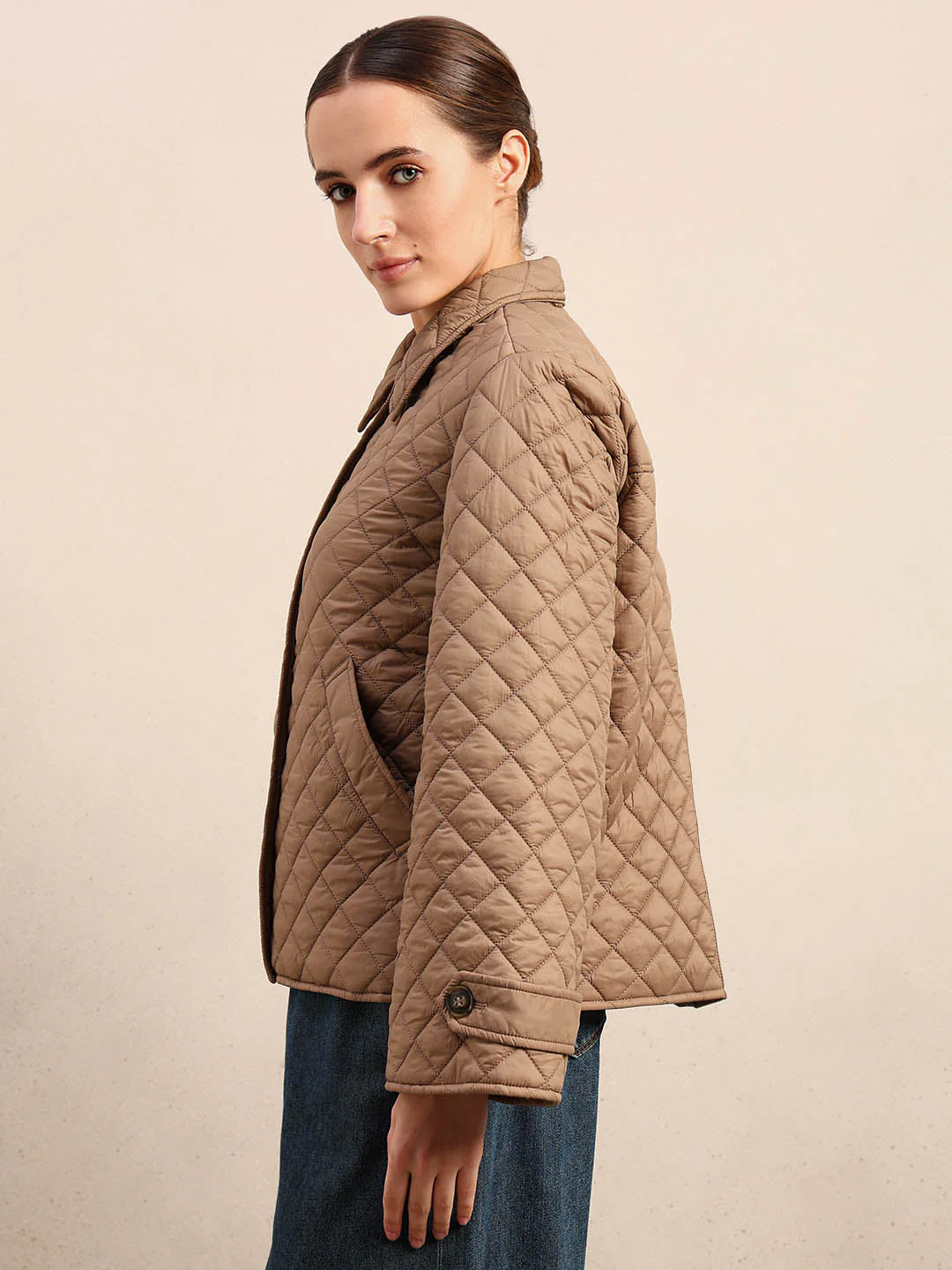 Quilted Short Jacket - Beige - Image 3