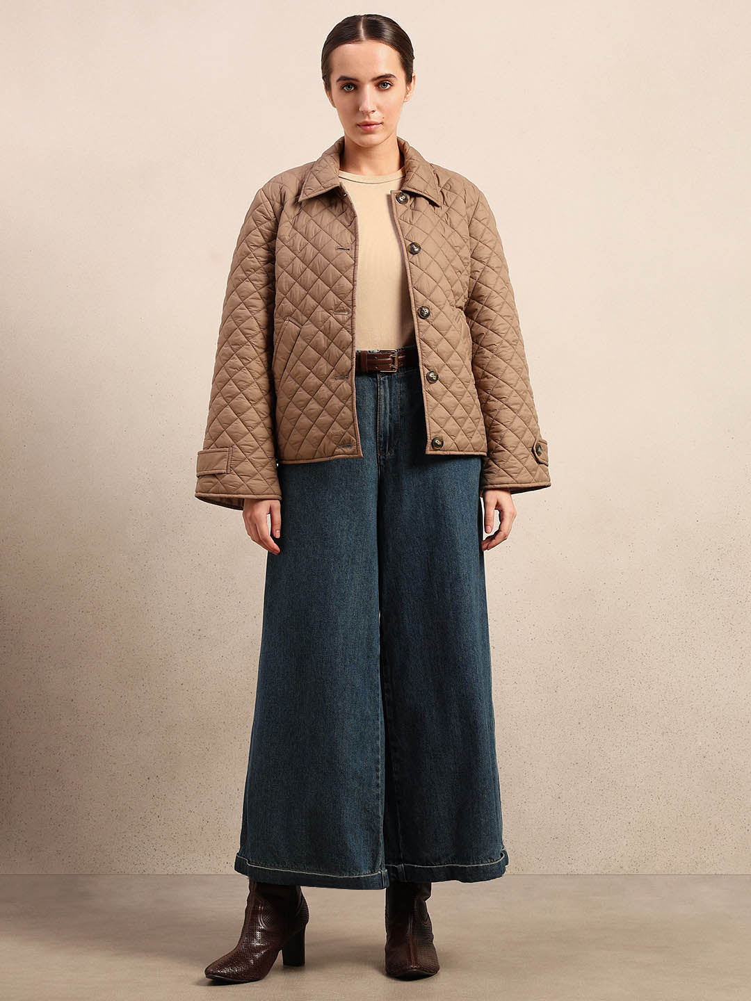 Quilted Short Jacket - Beige - Image 5