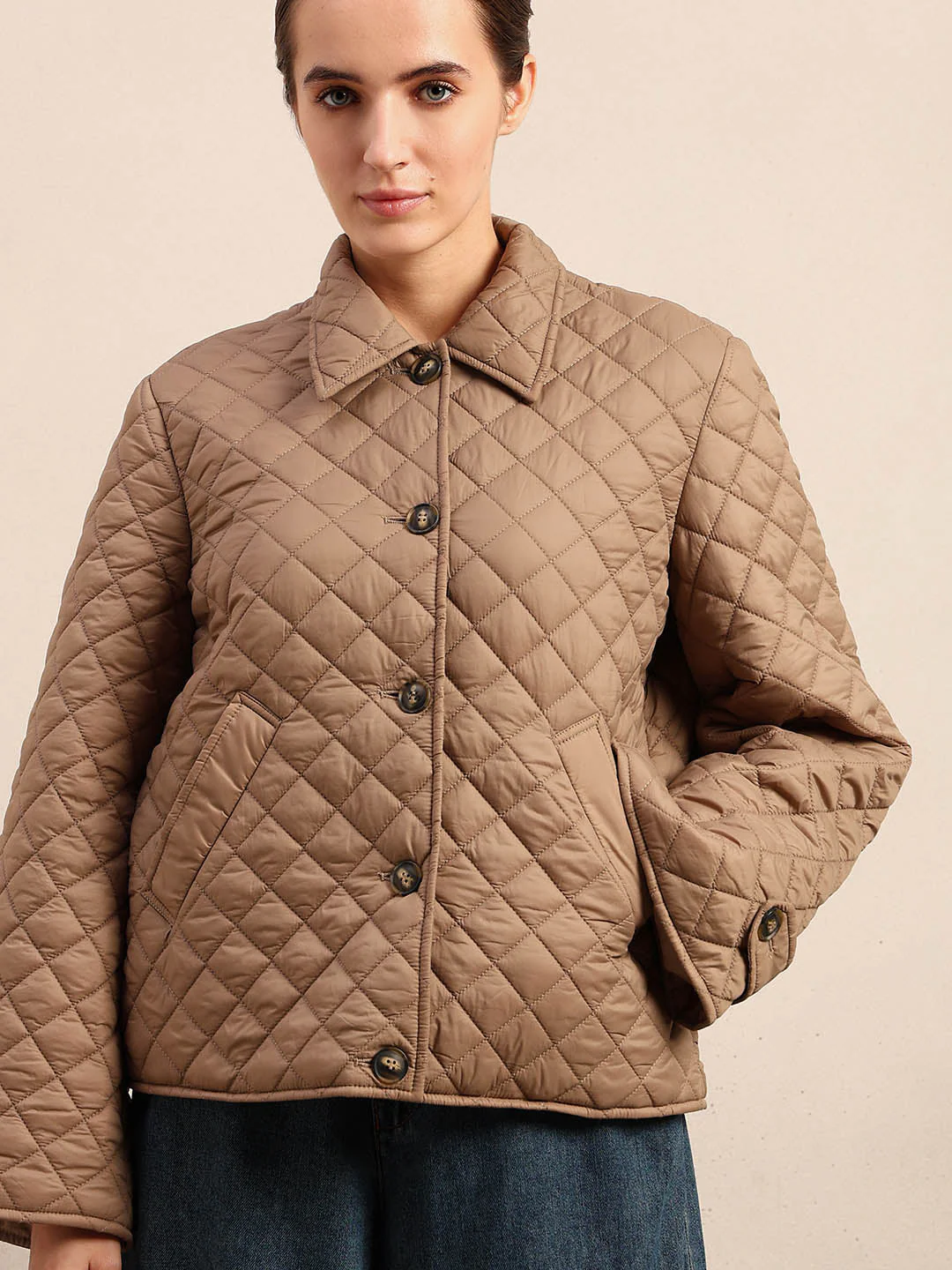 Quilted Short Jacket - Beige - Image 6