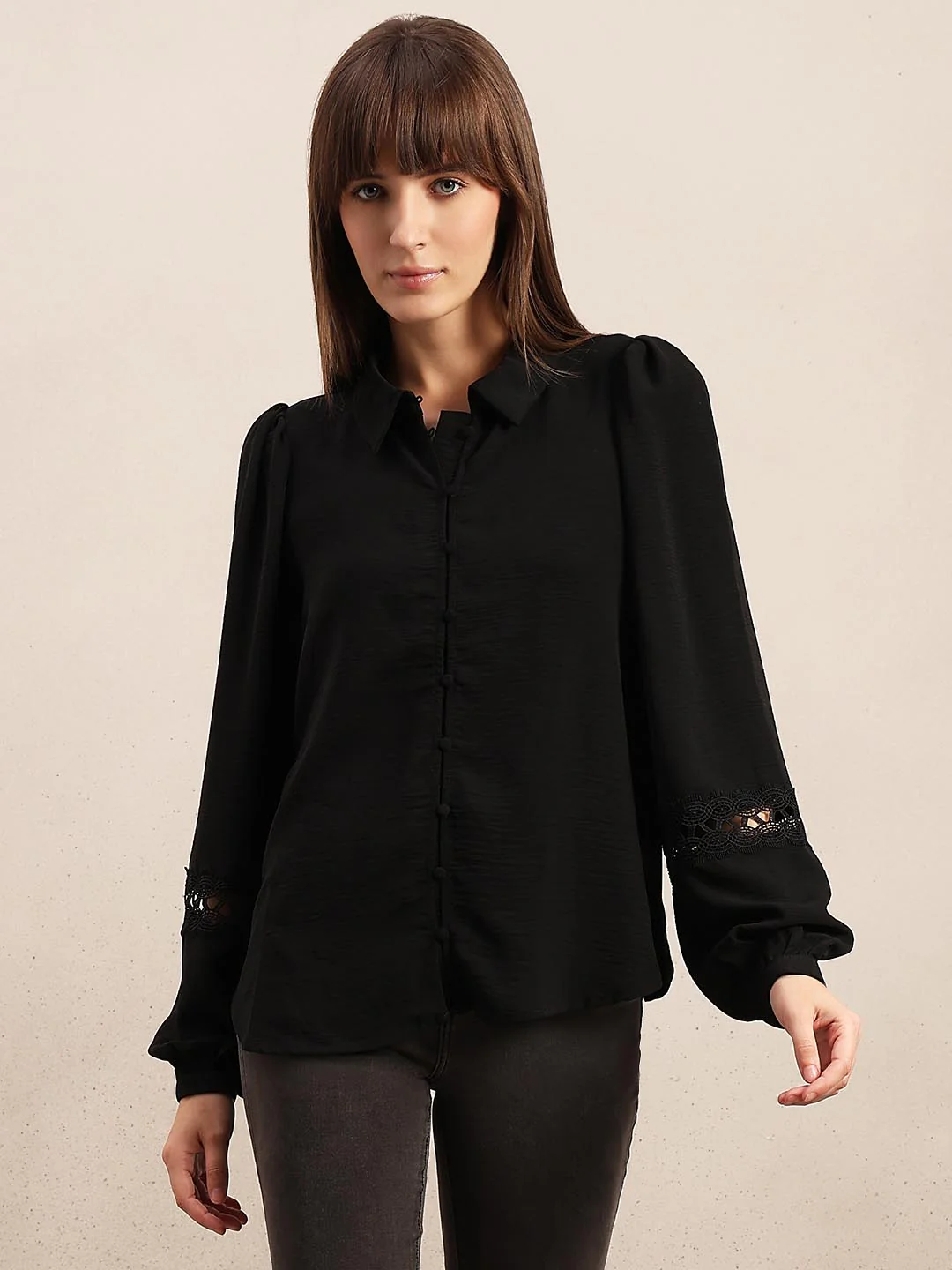 Black Lace Detail Shirt - Image 2