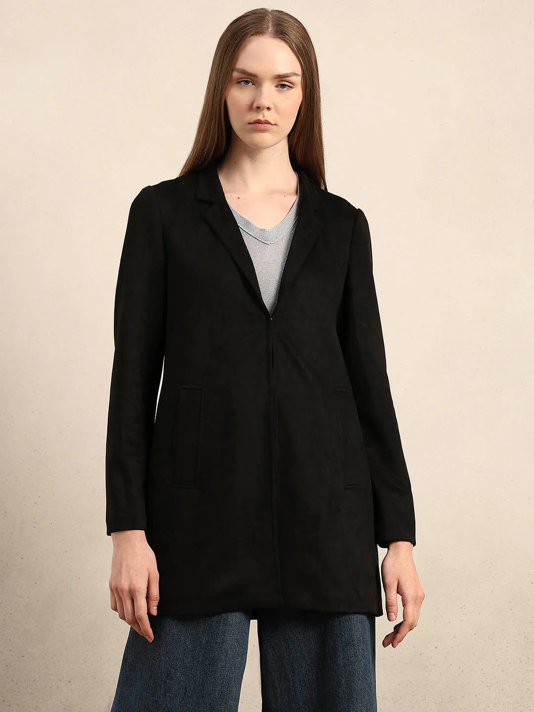 Long V-Neck Jacket - Black - Image 2
