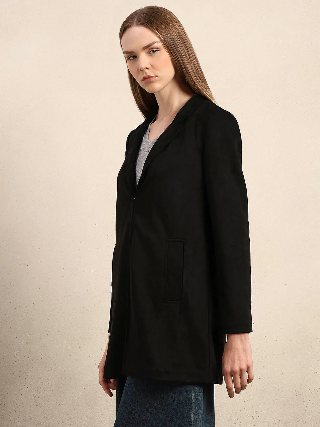 Long V-Neck Jacket - Black - Image 3