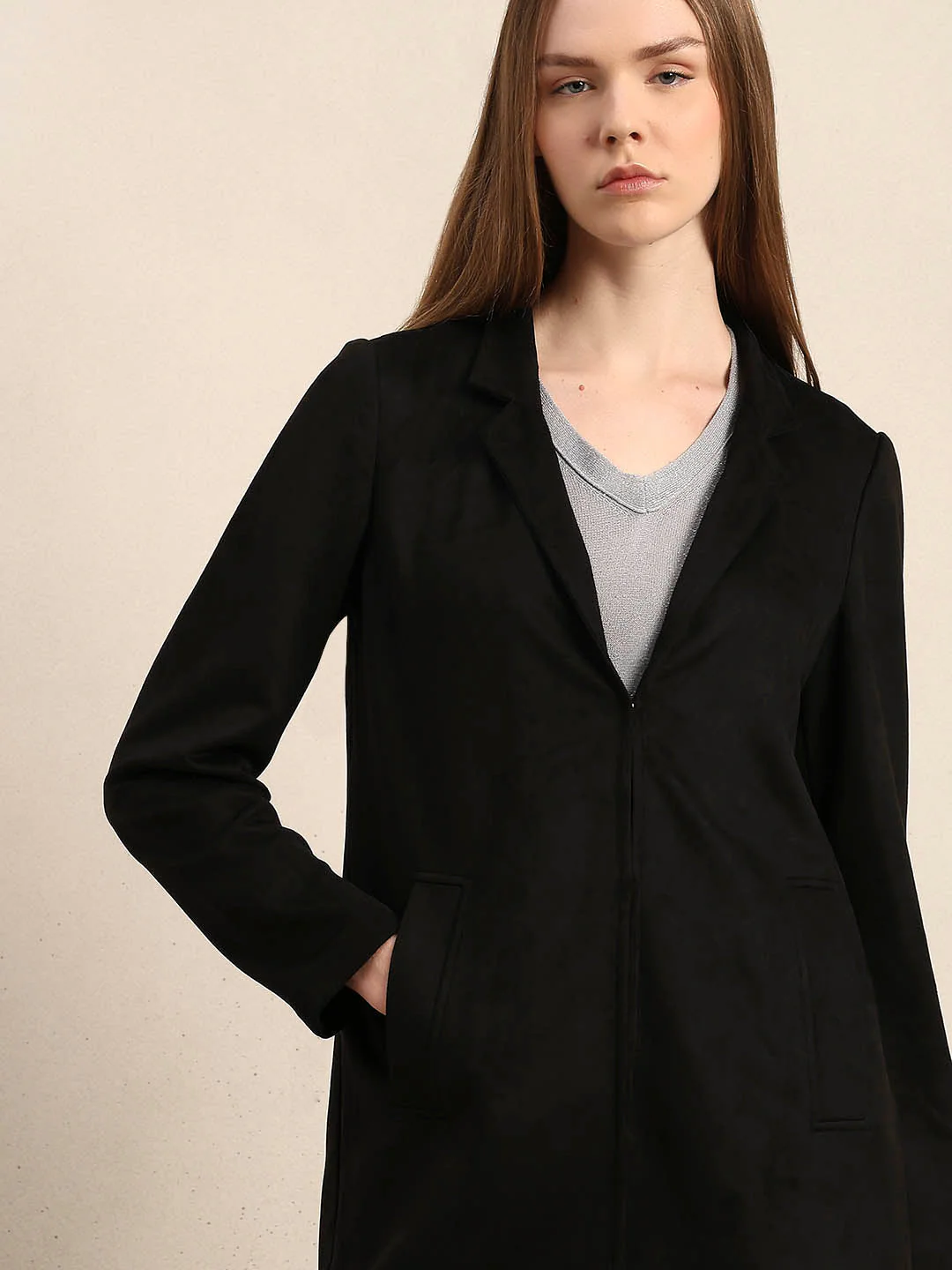 Long V-Neck Jacket - Black - Image 6